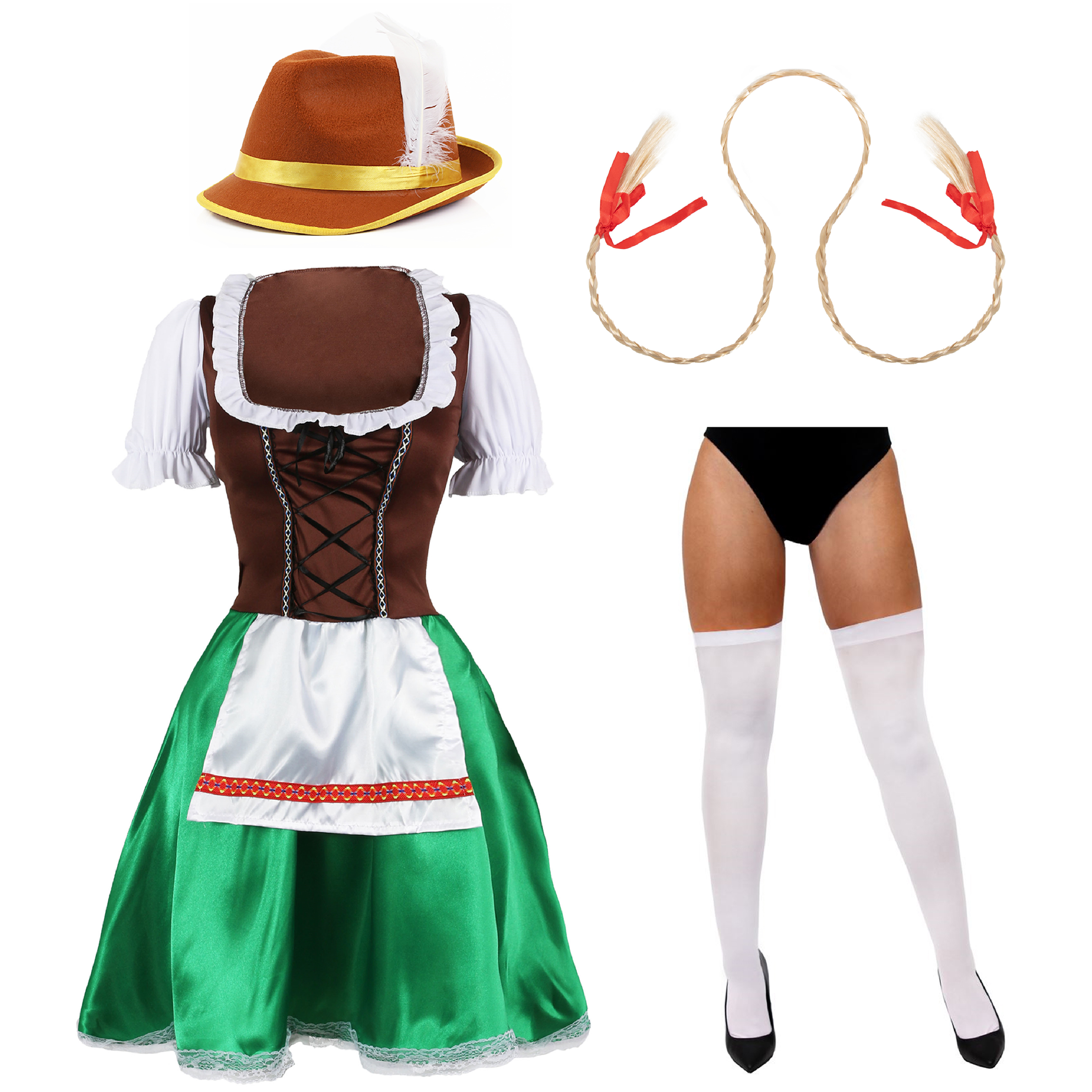 Ladies Green & Brown Bavarian Dress with Stockings, Plaits & Hat