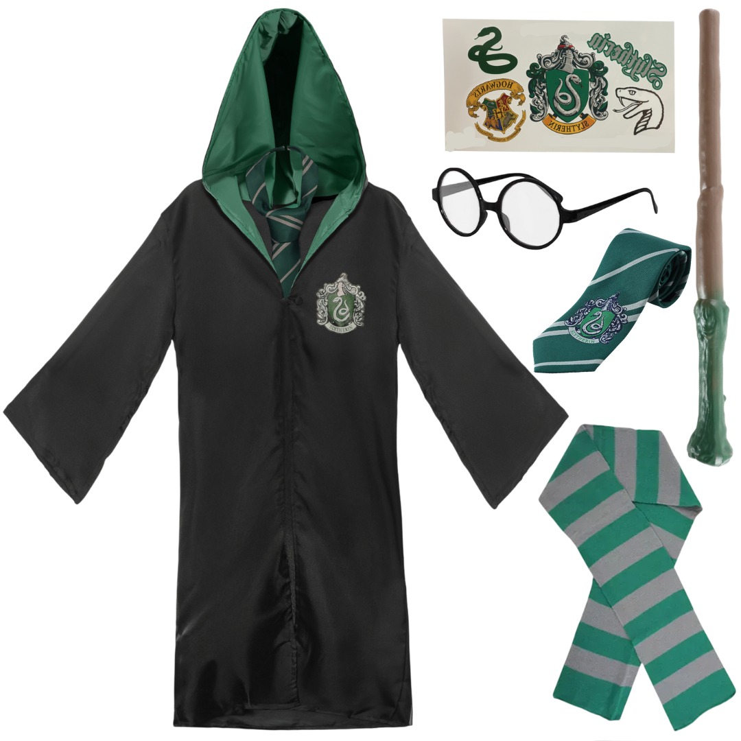 Kids Harry Potter Costume | 6 Pcs | Slytherin Cloak, Tie, Tattoos, Wand, Glasses & Scarf