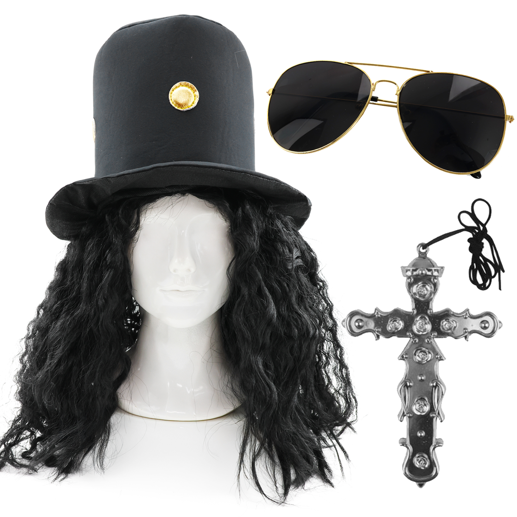 Deluxe Adults Guitar Hero Costume Set – Rock Star Hat, Wig, Cross Necklace & Glasses