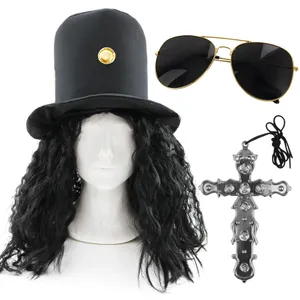 Deluxe Adults Guitar Hero Costume Set – Rock Star Hat, Wig, Cross Necklace & Glasses