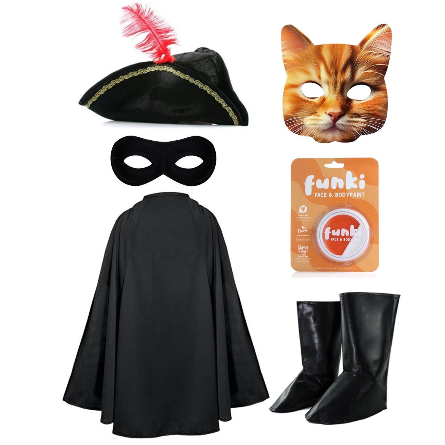 Childs Cat Bandit Costume | 7 Pcs | Cape, Hat, Black Mask, Cat Mask, Boot Covers, Orange & White Face Paint