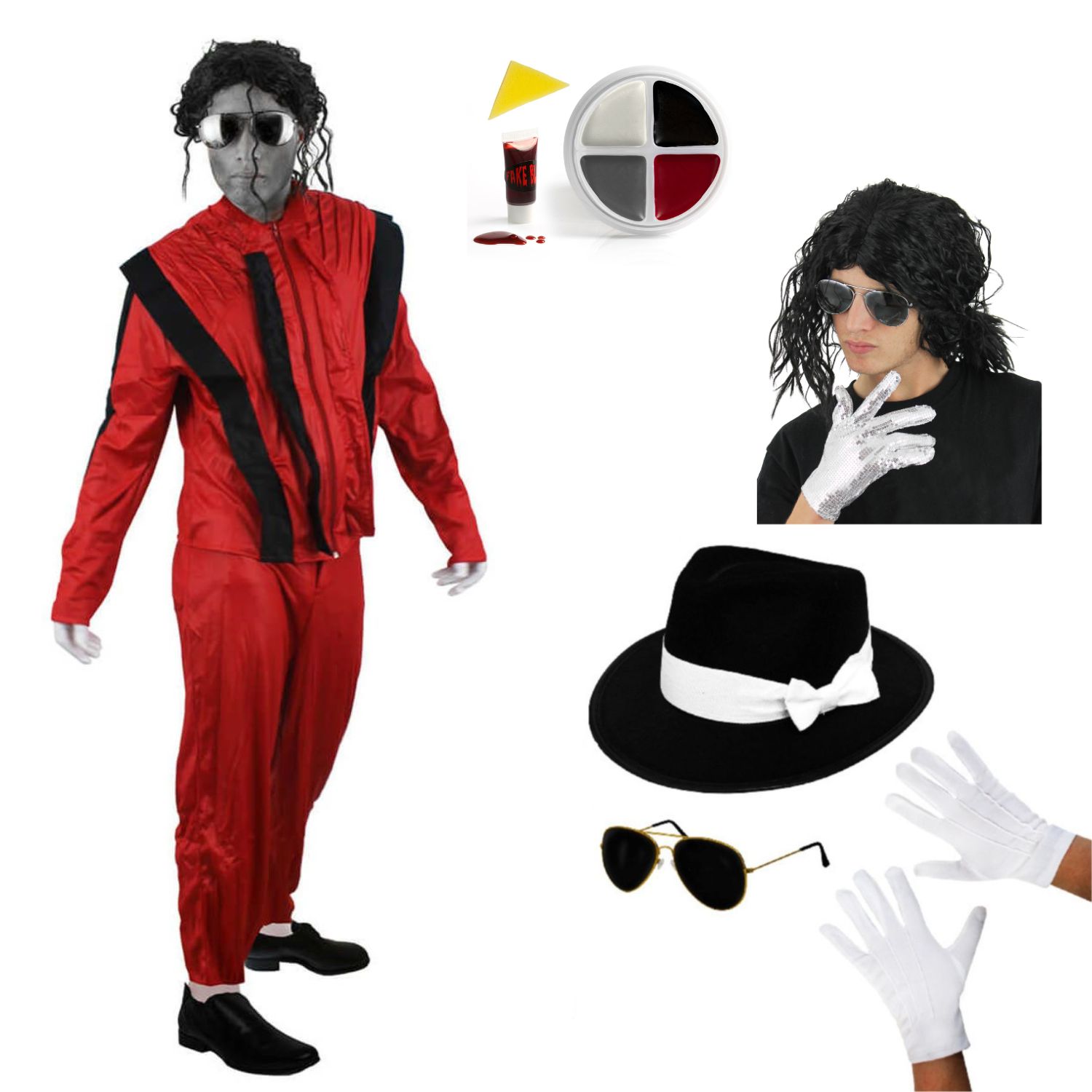 Adults Deluxe Zombie King of Pop Costume | 6 Pcs | Costume, Fedora, Wig, Glasses, Gloves, Face Paint & Blood