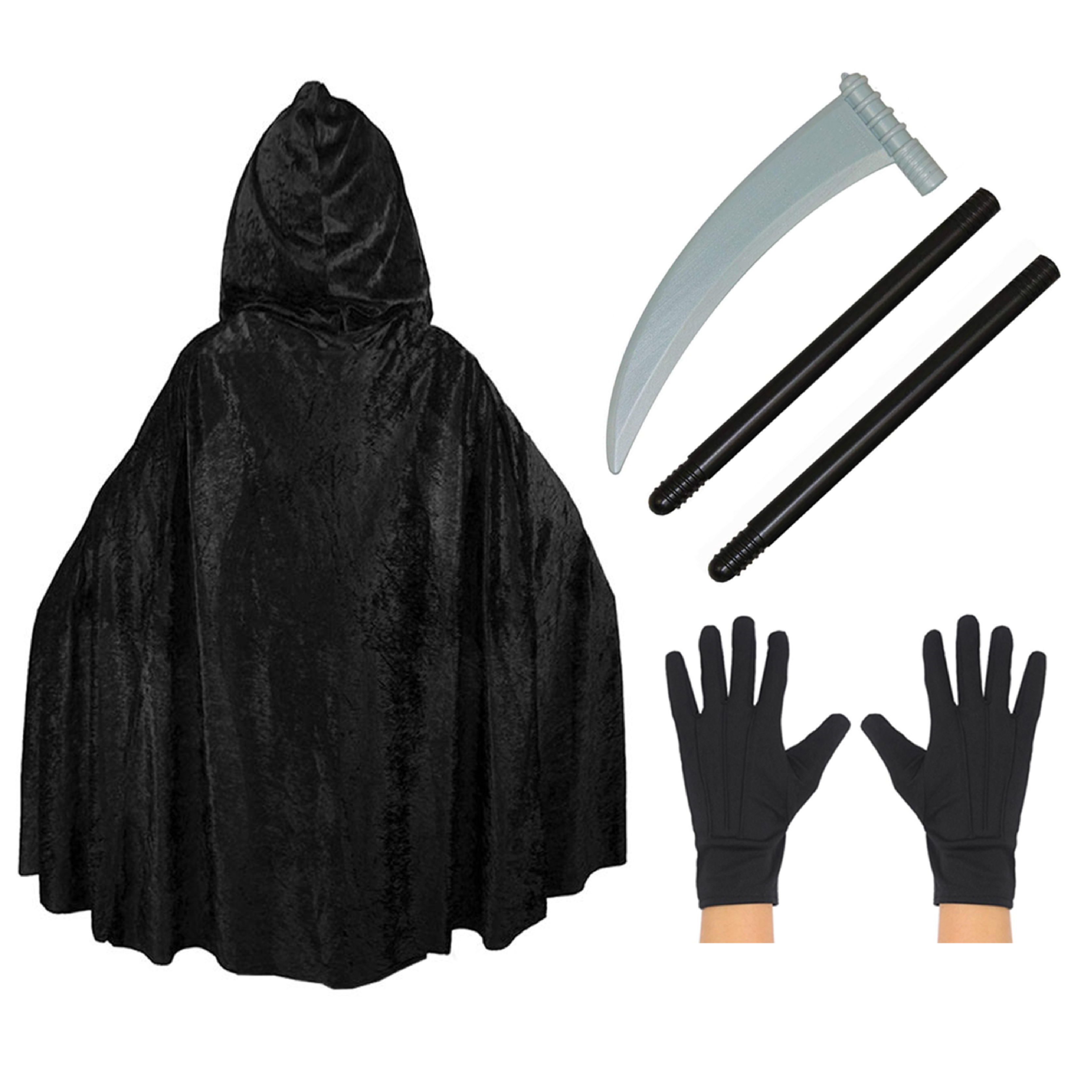 CHILDS BLACK VELOUR CAPE & PLASTIC SCYTHE & BLACK GLOVES