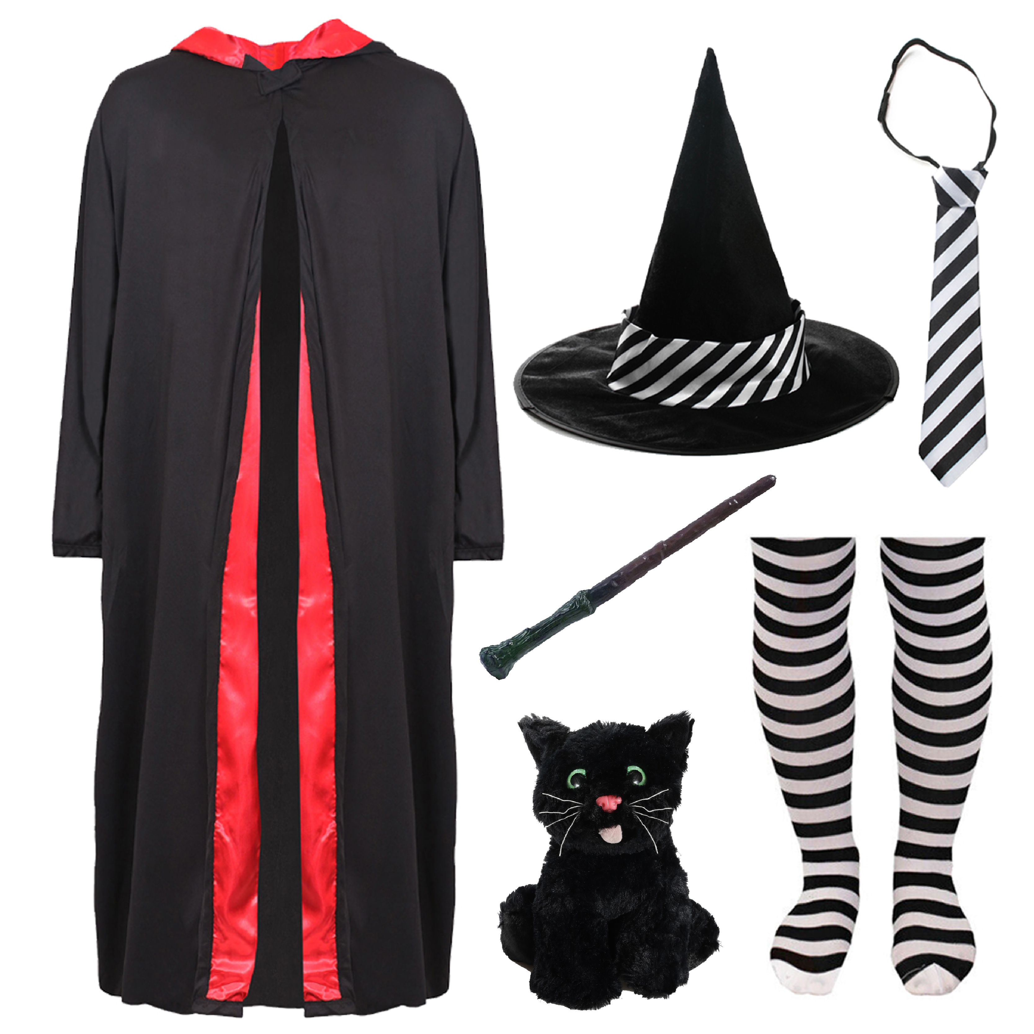Girls School Witch Costume - Wand ,Tights & Cat