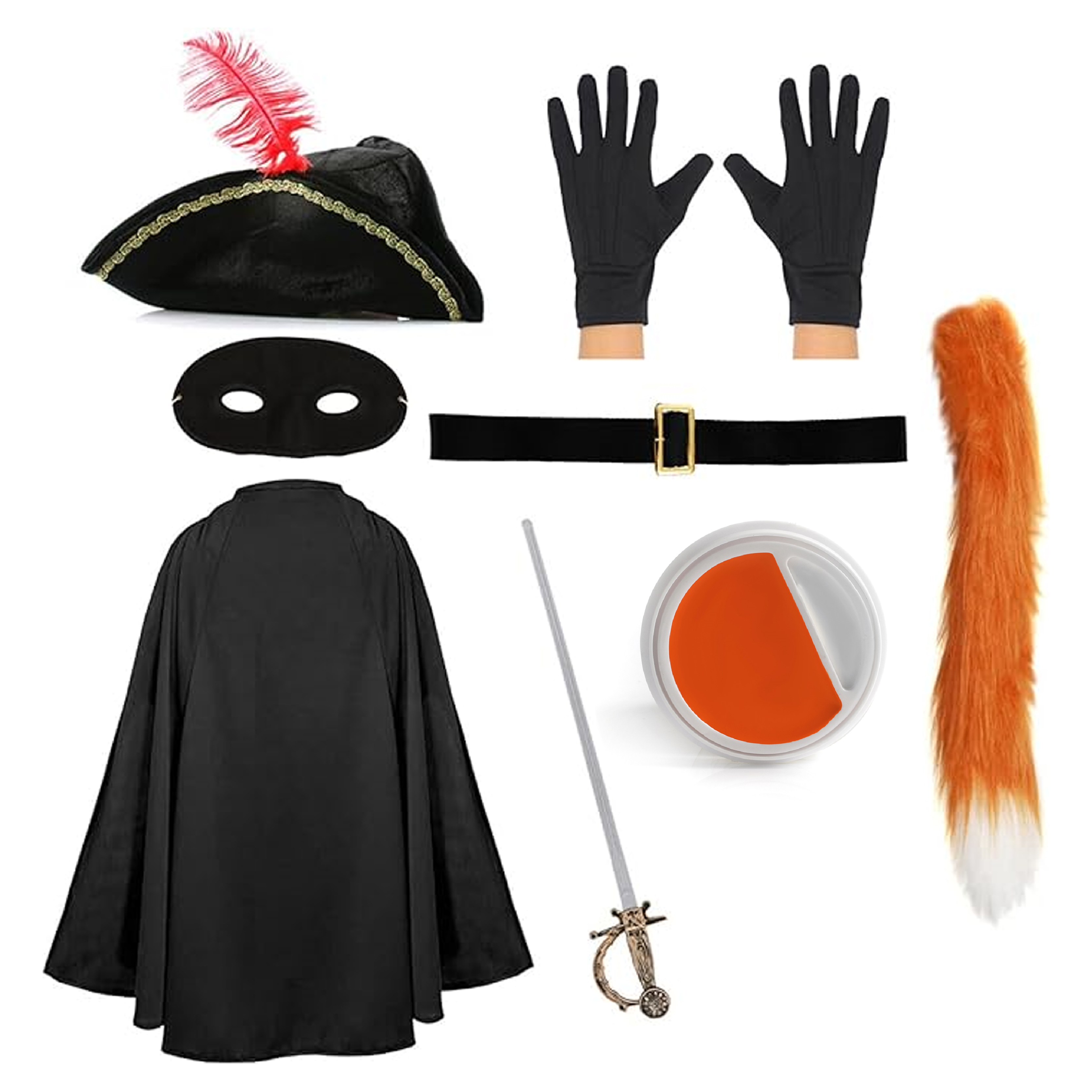 Childs Deluxe Cat Bandit Costume | 8 Pcs | Cape, Hat, Black Mask, Belt, Gloves, Sword, Thin Tail & Orange Face Paint