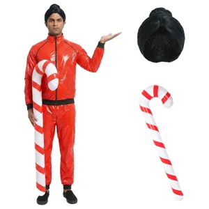 Adult Factory Worker Costume | 4 Pcs | Red Jacket, Trousers, Wig & Inflatable Candy Cane
