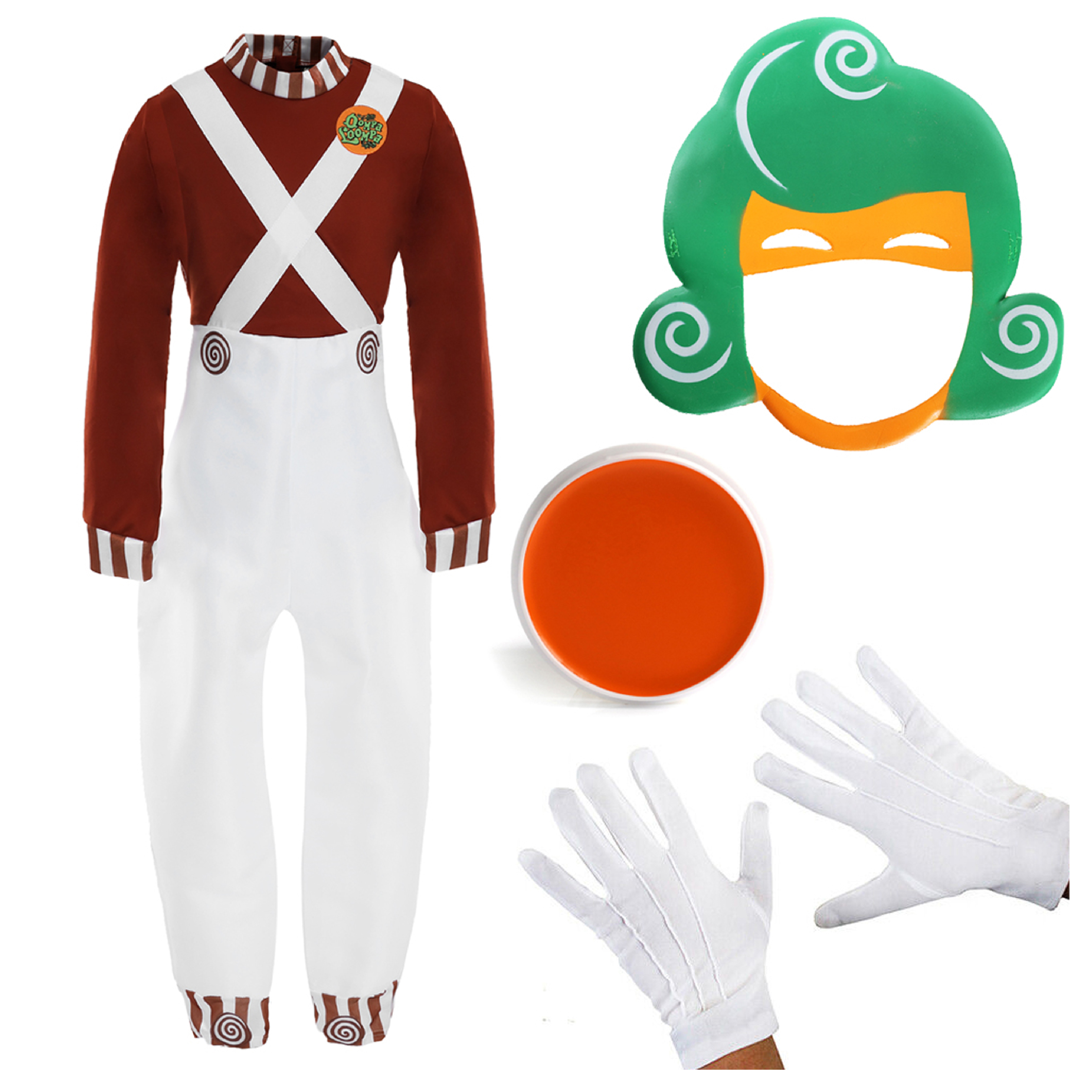 Kids Oompa Loompa Fancy Dress Costume with Face Paint & Gloves
