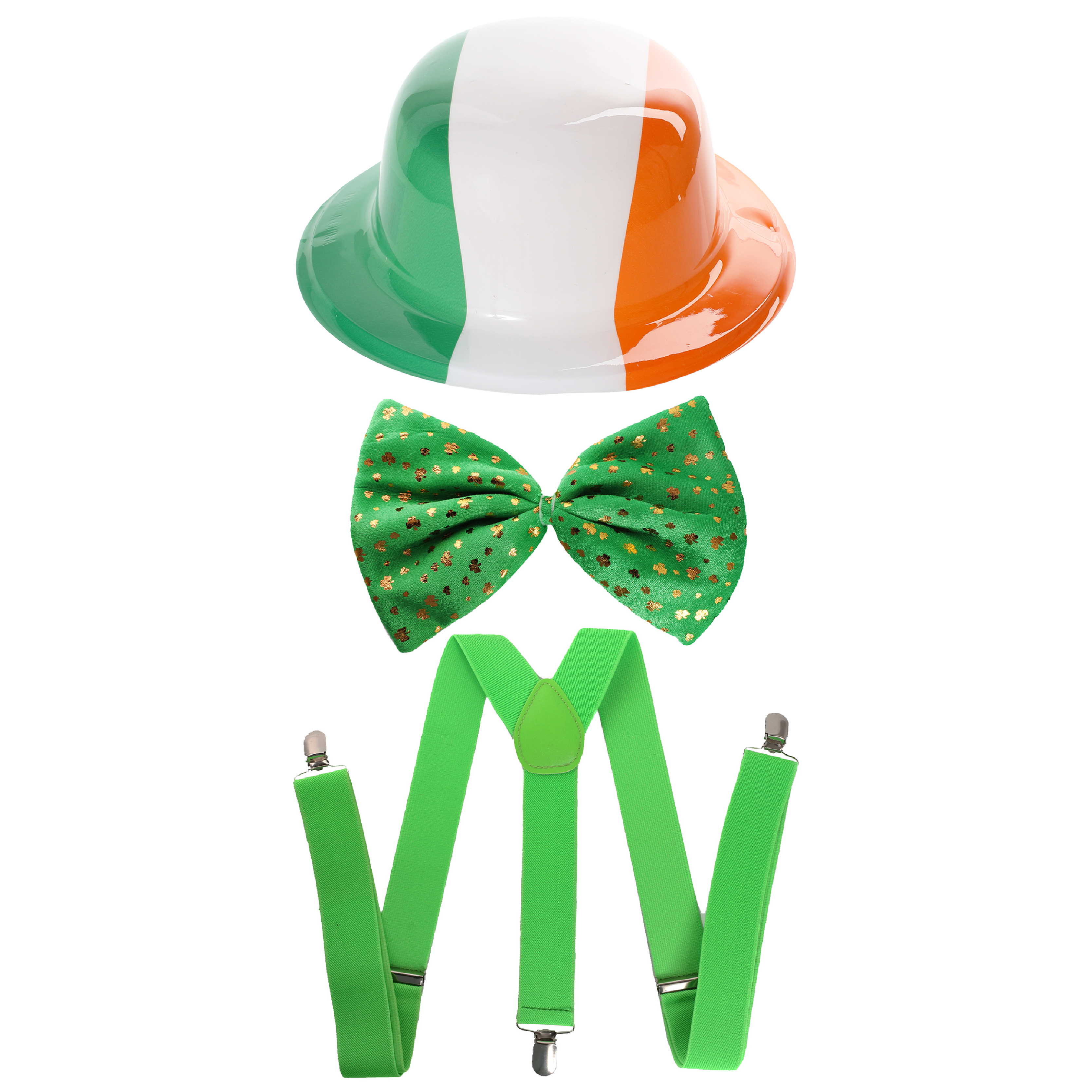 Irish Flag Bowler Hat, Large Shamrock Bow Tie & Suspenders