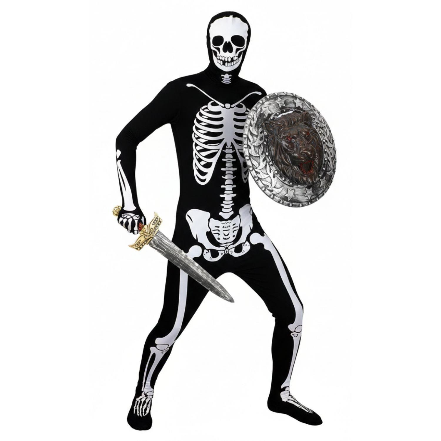Adults Screaming Skeleton Meme Costume | 3 Pcs | Skinsuit, Sword & Shield