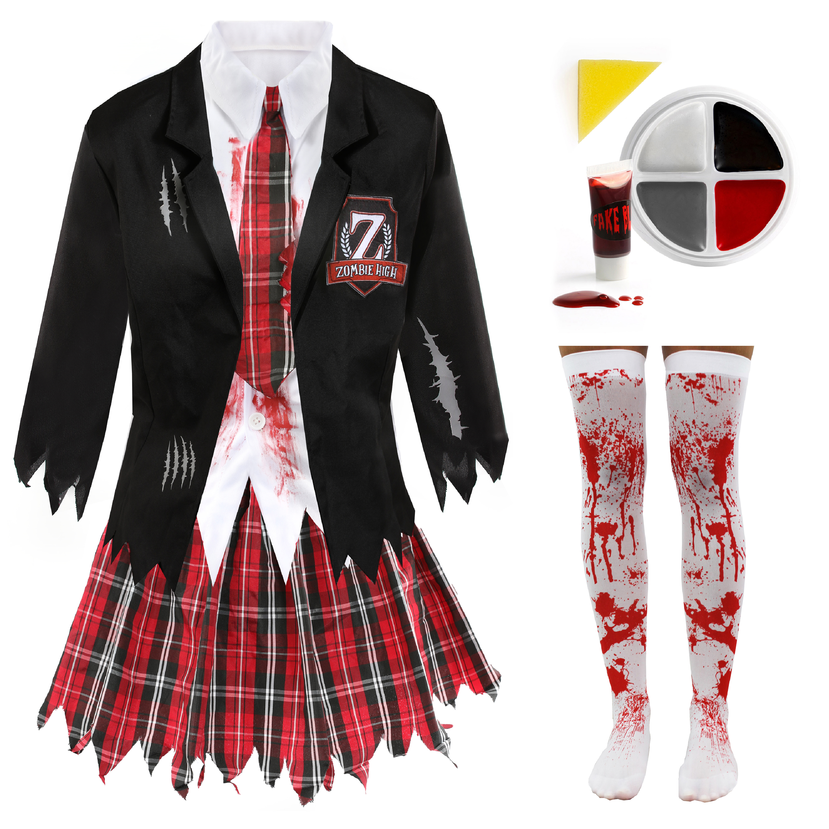 Ladies Zombie Schoolgirl Halloween Costume With Stockings, Facepaint & Blood