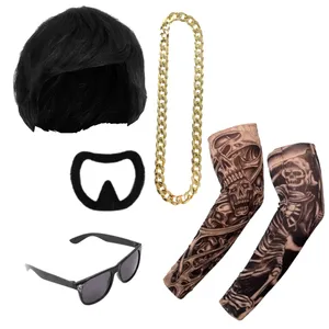 Ibiza Final Boss Costume Accessory Set | 5 Pcs | Wig, Chain, Black Sunglasses, Goatee & Tattoo Sleeves
