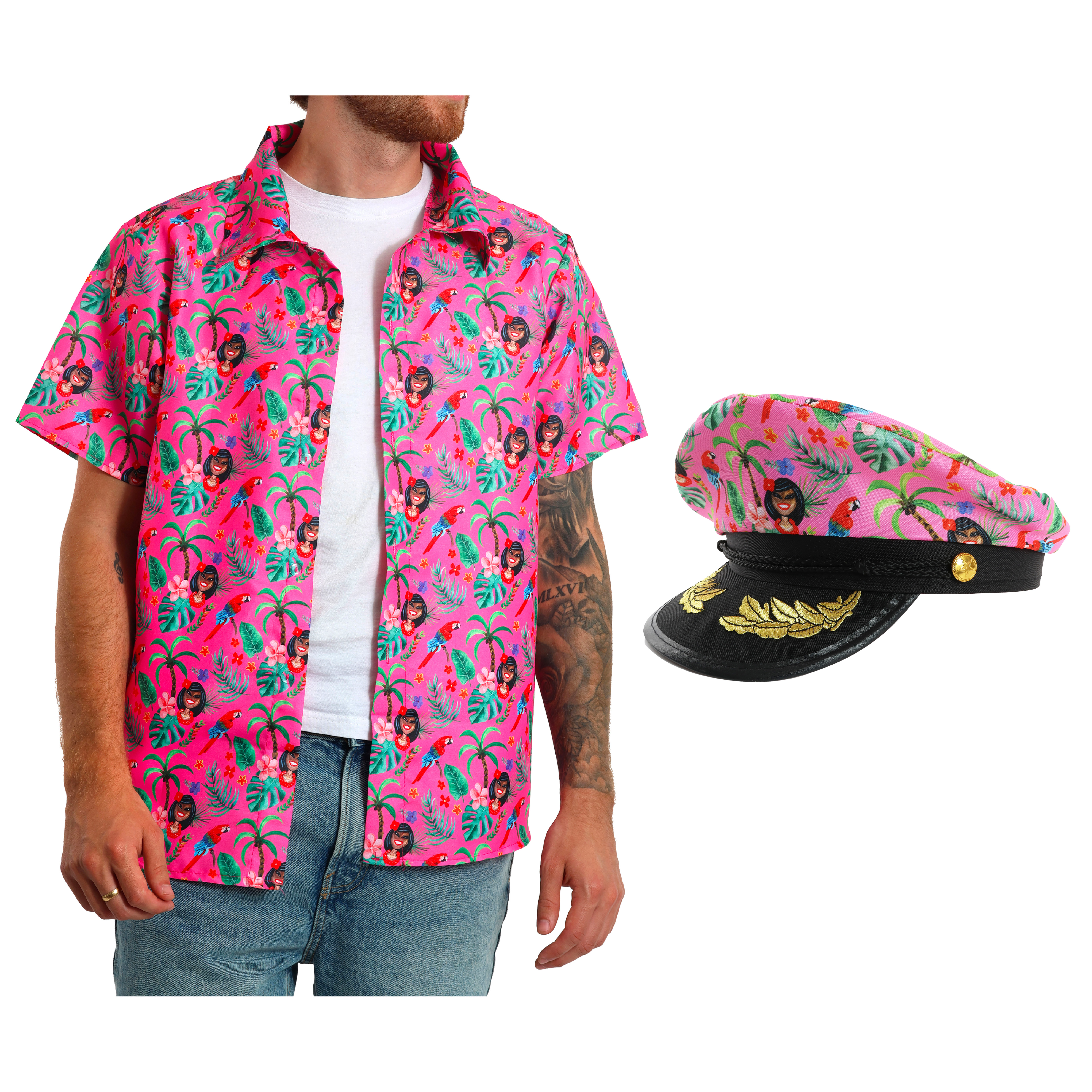 Unisex Hawaiian Shirt and Matching Sailor Hat - Pink