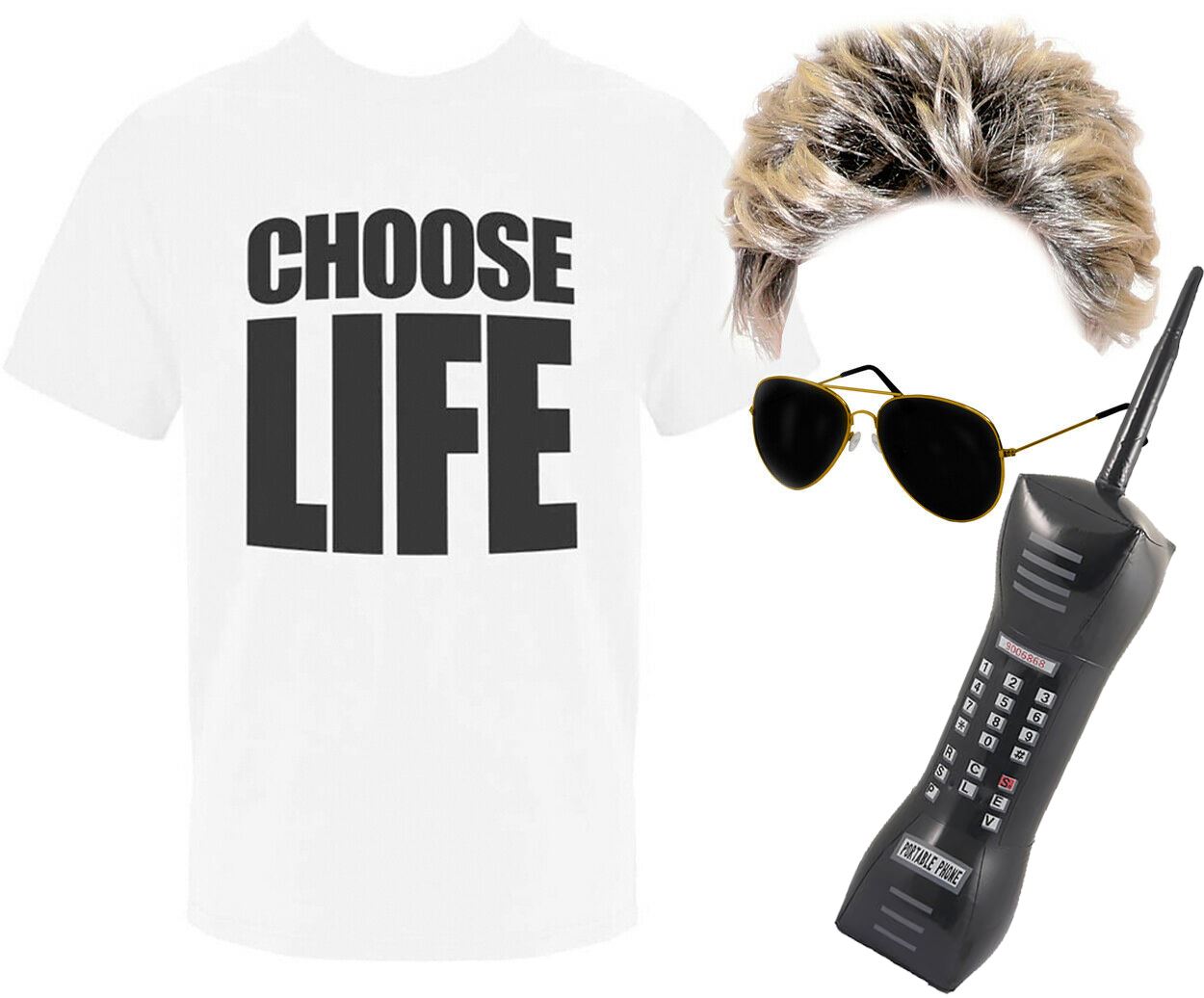 1980's Pop Star Costume Set - Slogan T-shirt, Glasses, Wig & Inflatable Phone