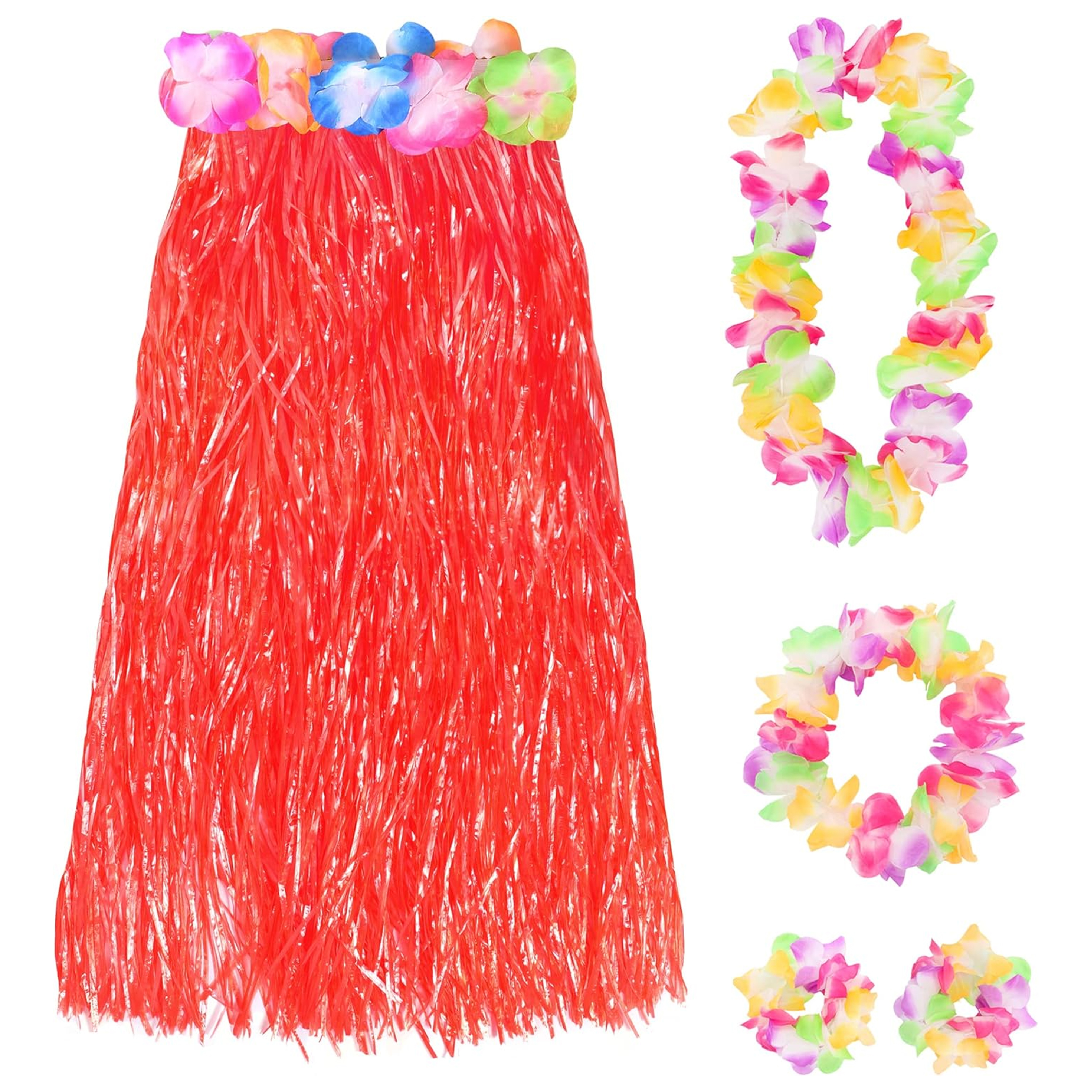 80cm Hawaiian Long Red Hula Skirt & Lei