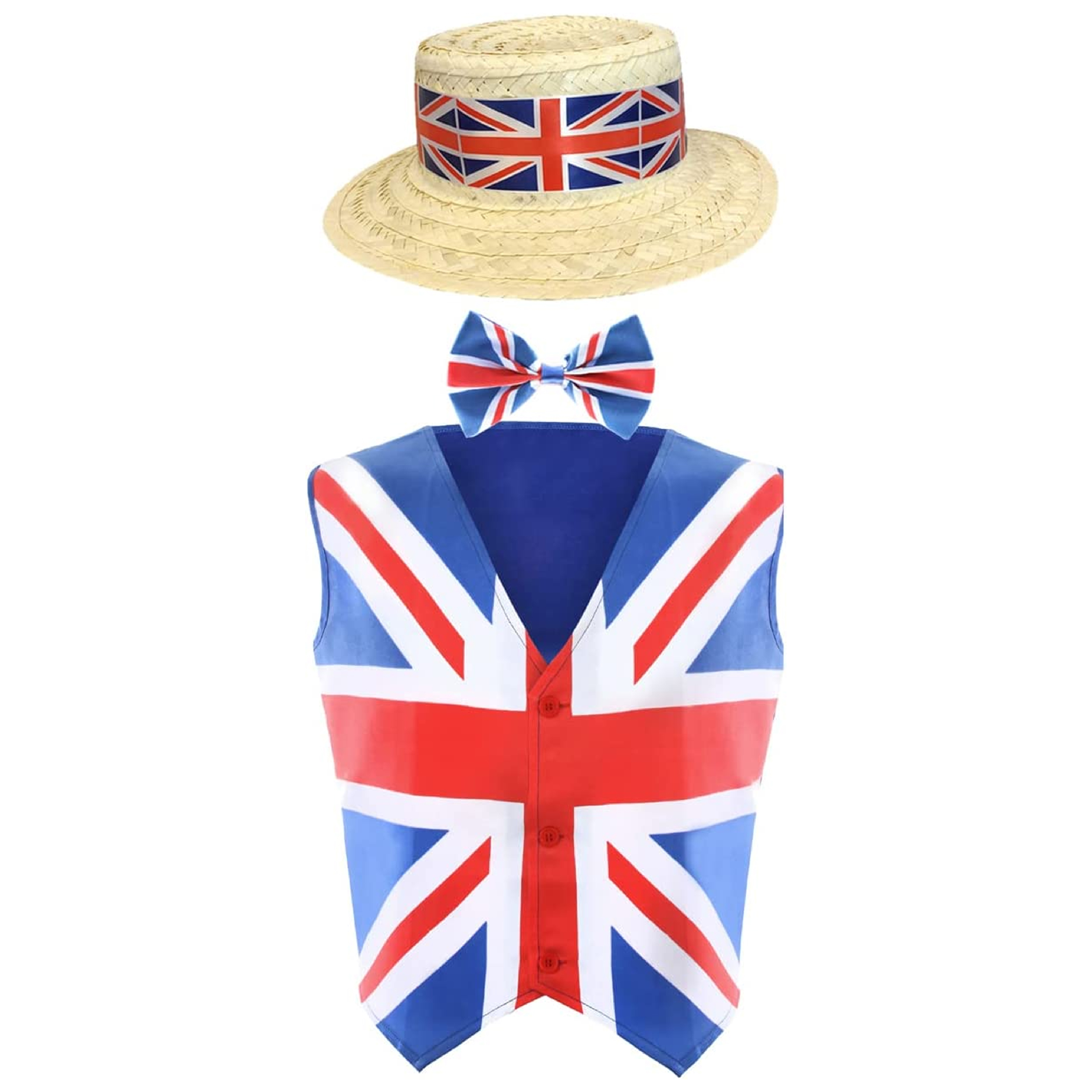 Union Jack Waistcoat & Bow Tie + Straw Boater Hat