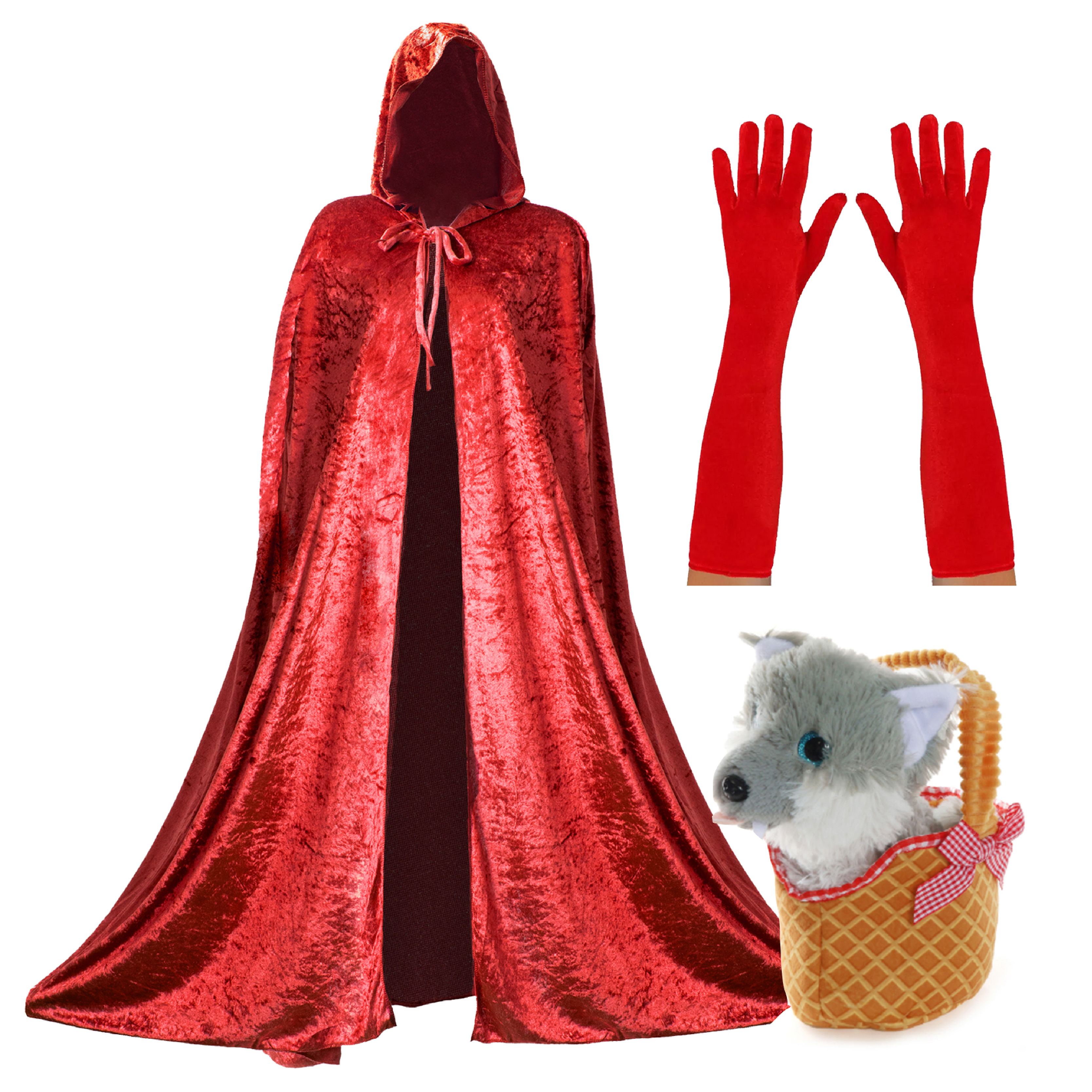 Ladies Red Riding Hood Set - Hooded Cape, Soft Basket with Wolf & Gloves