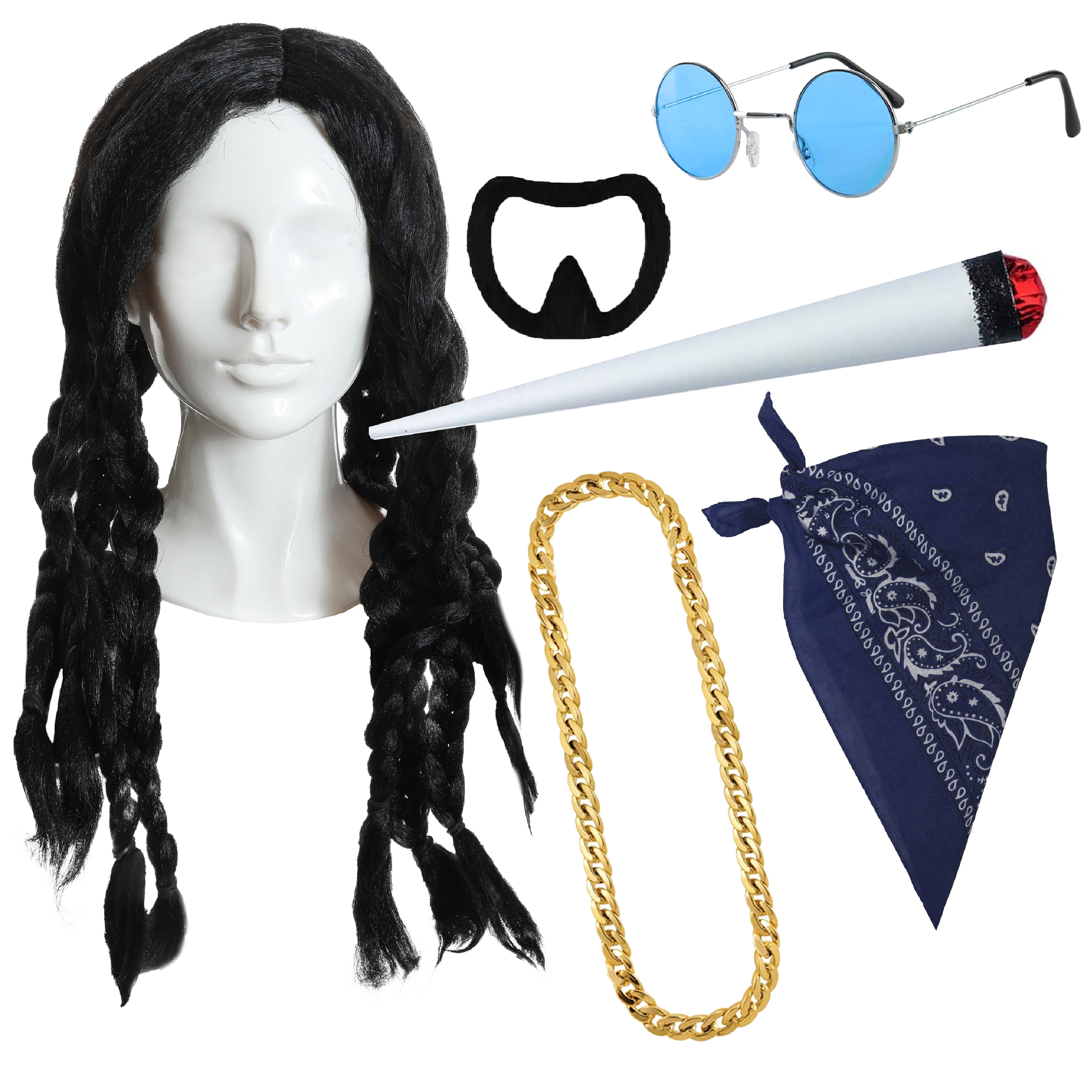 Snoop Accessory Set | 6 Pcs | Wig, Chain, Glasses, Goatee Beard, Bandanna & Spliff Prop