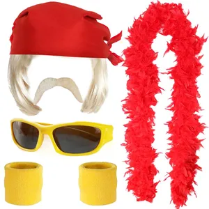 Deluxe Hulk Hogan Wrestling Costume Accessory Set – Bandana, Wig, Sunglasses, Moustache, Sweat Bands & Red Feather Boa