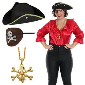 Ladies Pirate Costume Set | 4 Pcs | Red Blouse, Hat, Eye Patch & Gold Necklace