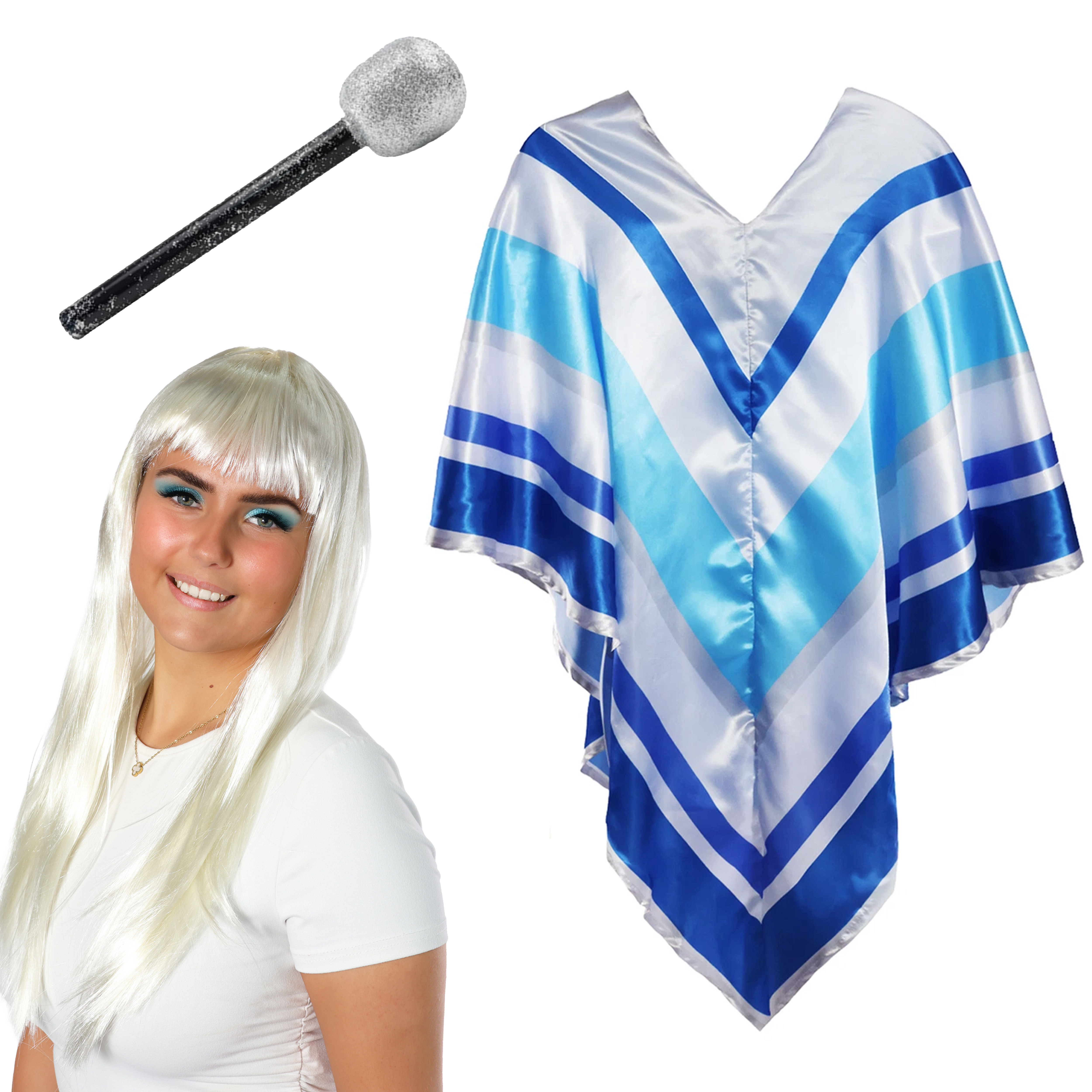 Adults 70's Poncho Costume | 3 Pcs | Poncho, Long Blonde Wig & Microphone