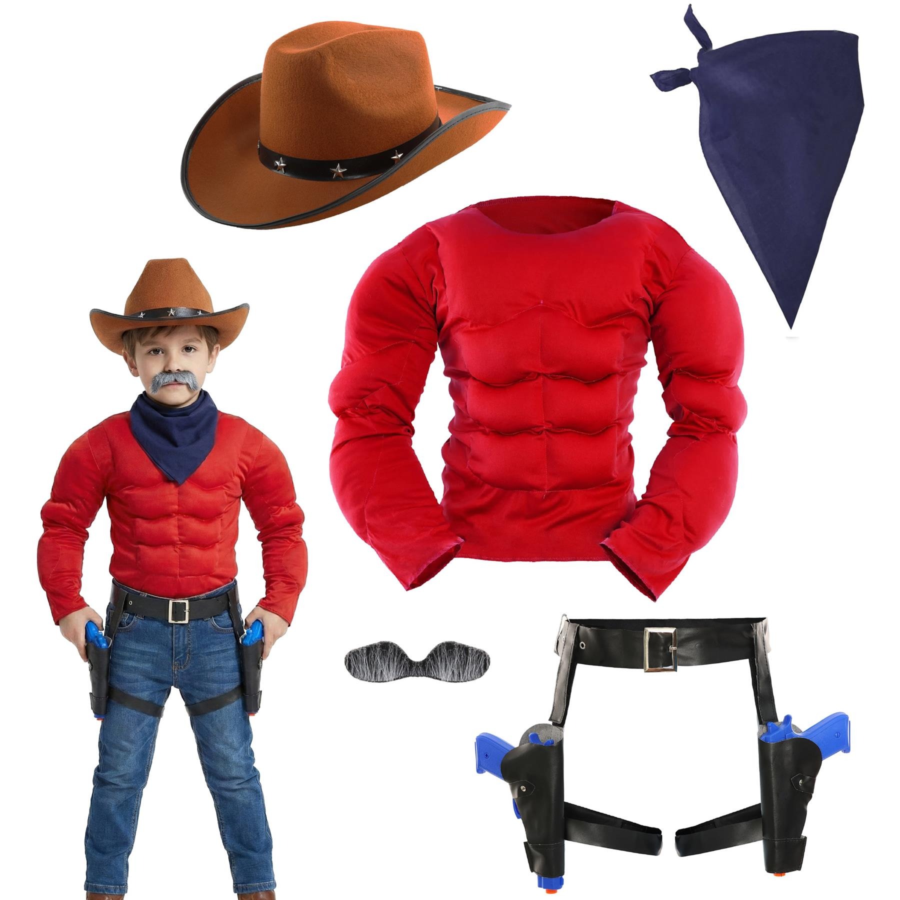 Boys Desperate Dan Costume | 5 Pcs | Muscle Chest, Hat, Bandana, Gun Holster & Tash