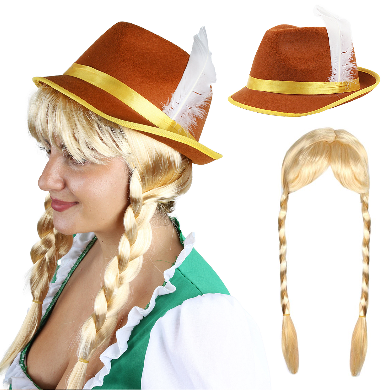 Ladies Oktoberfest Bavarian Plait Wig and Green Hat Set