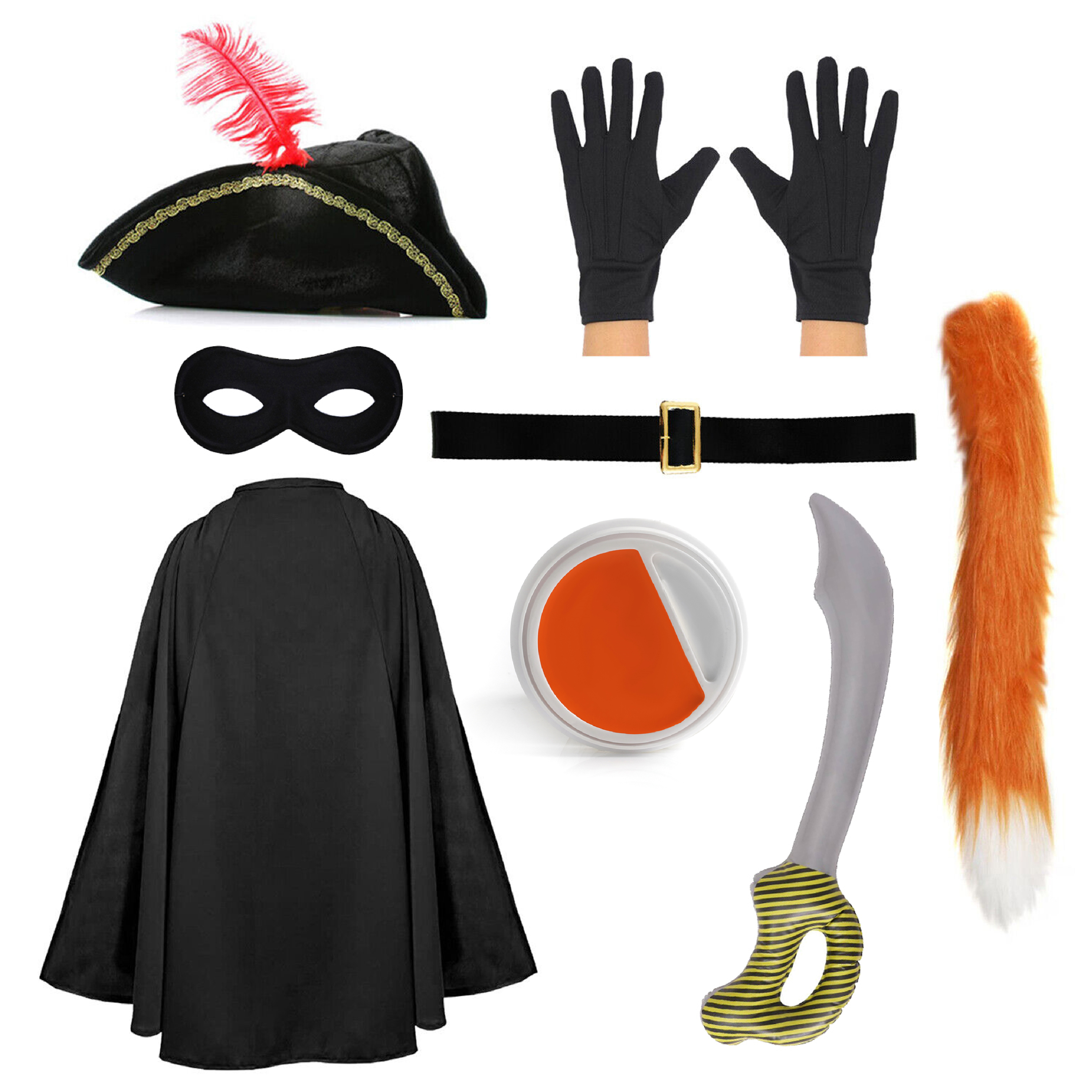 Adults Deluxe Cat Bandit Costume | 8 Pcs | Cape, Hat, Black Mask, Belt, Gloves, Inflatable Sword, Thin Tail, Orange & White Face Paint