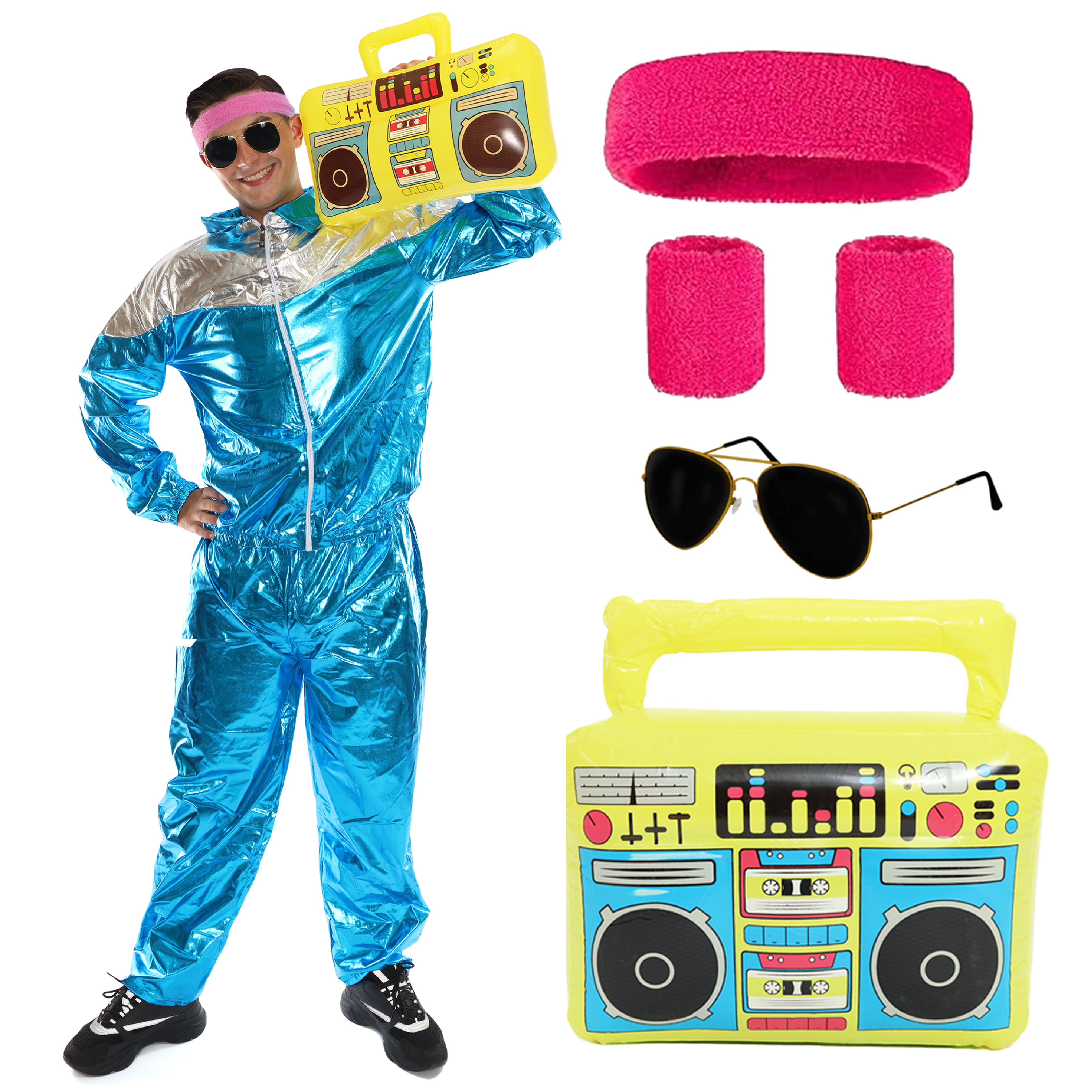Mens Blue & Silver Shell Suit Costume with Boombox & Accessories