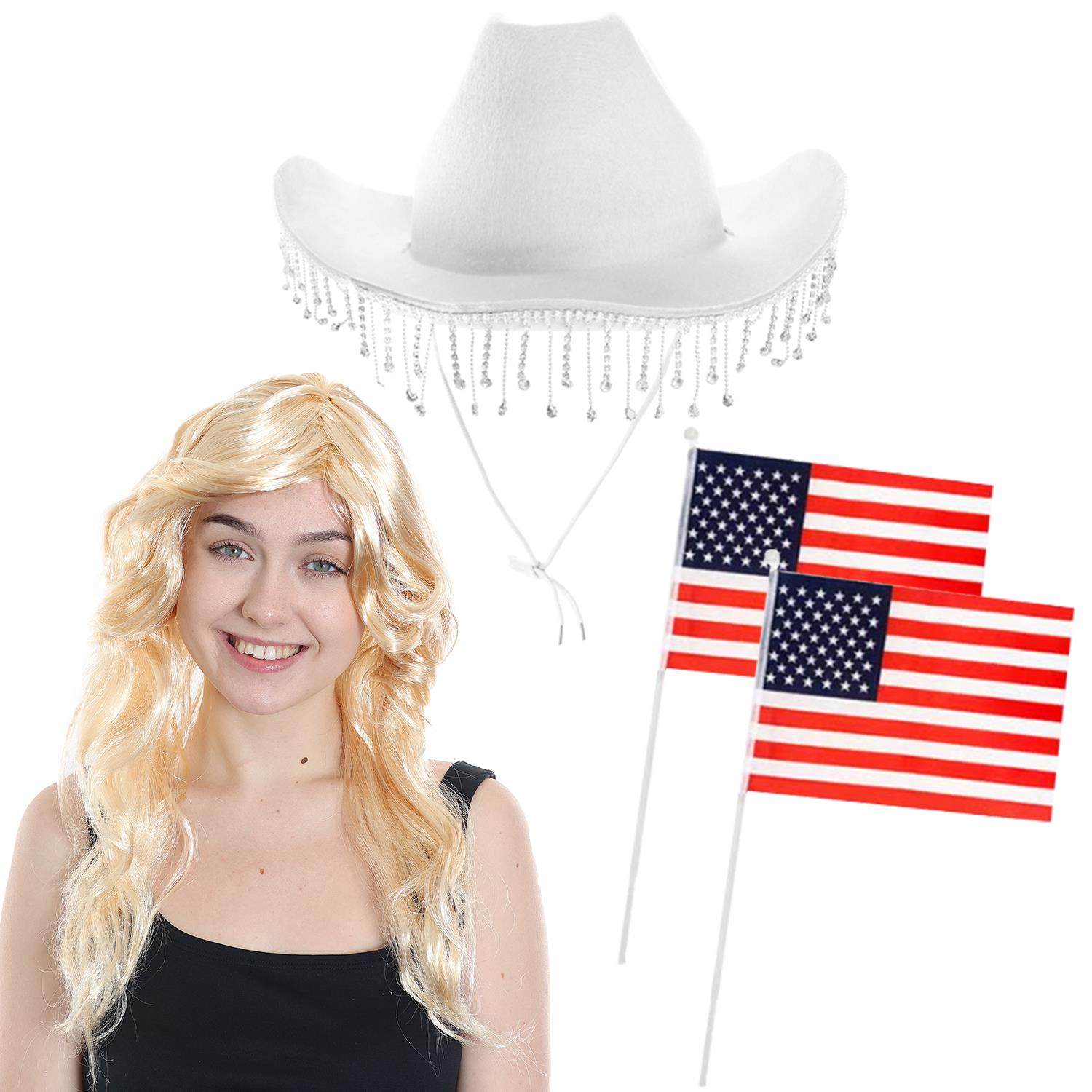 Western Cowboy Accessory Set - White Hat with Diamantes, 2 American Hand Waving Flags & Blonde Wig