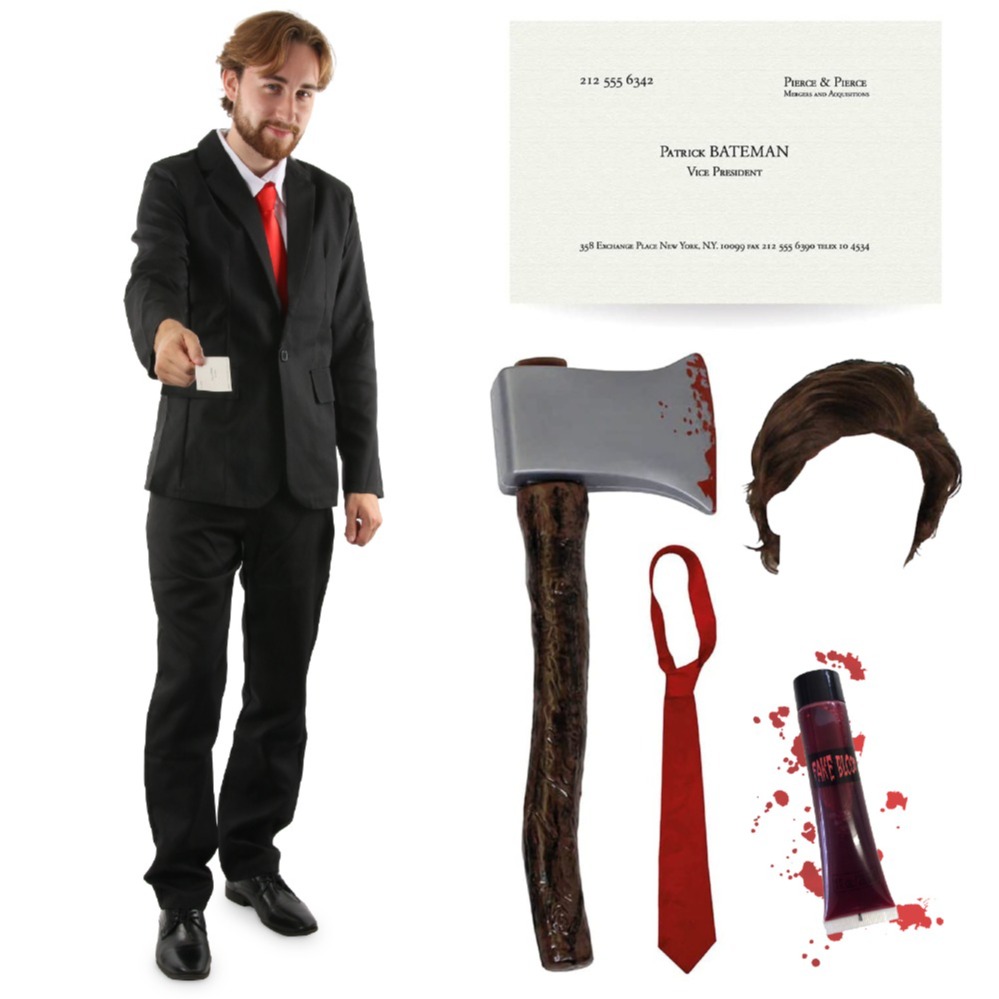 Adults Patrick Bateman Costume | 6 Pcs | Suit, Wig, Axe, Red Tie, Blood & Business Card