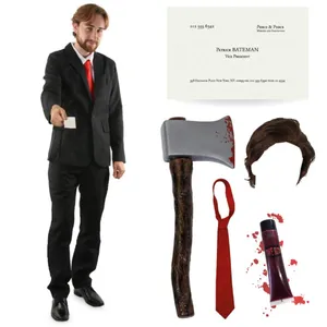 Adults Patrick Bateman Costume | 6 Pcs | Suit, Wig, Axe, Red Tie, Blood & Business Card
