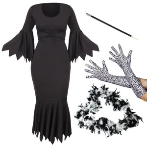 Adults Evil Dog Lady Costume - Dalmatian Gloves, Feather Boa & Cig Holder