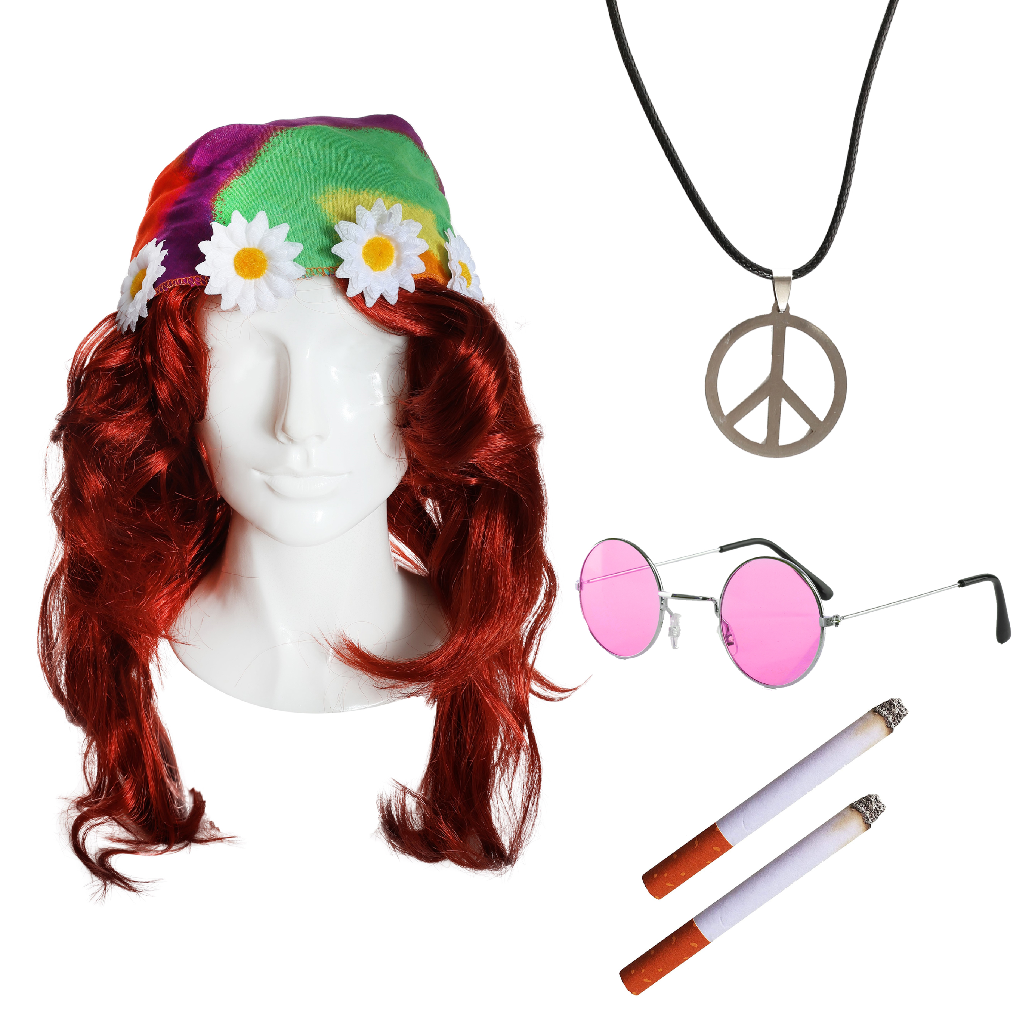 Edina Monsoon Inspired Costume Set - Red Flick Wig, Hippie Bandana, Fake Cigarettes, Peace Necklace, Pink Circular Glasses - Absolutely Fabulous