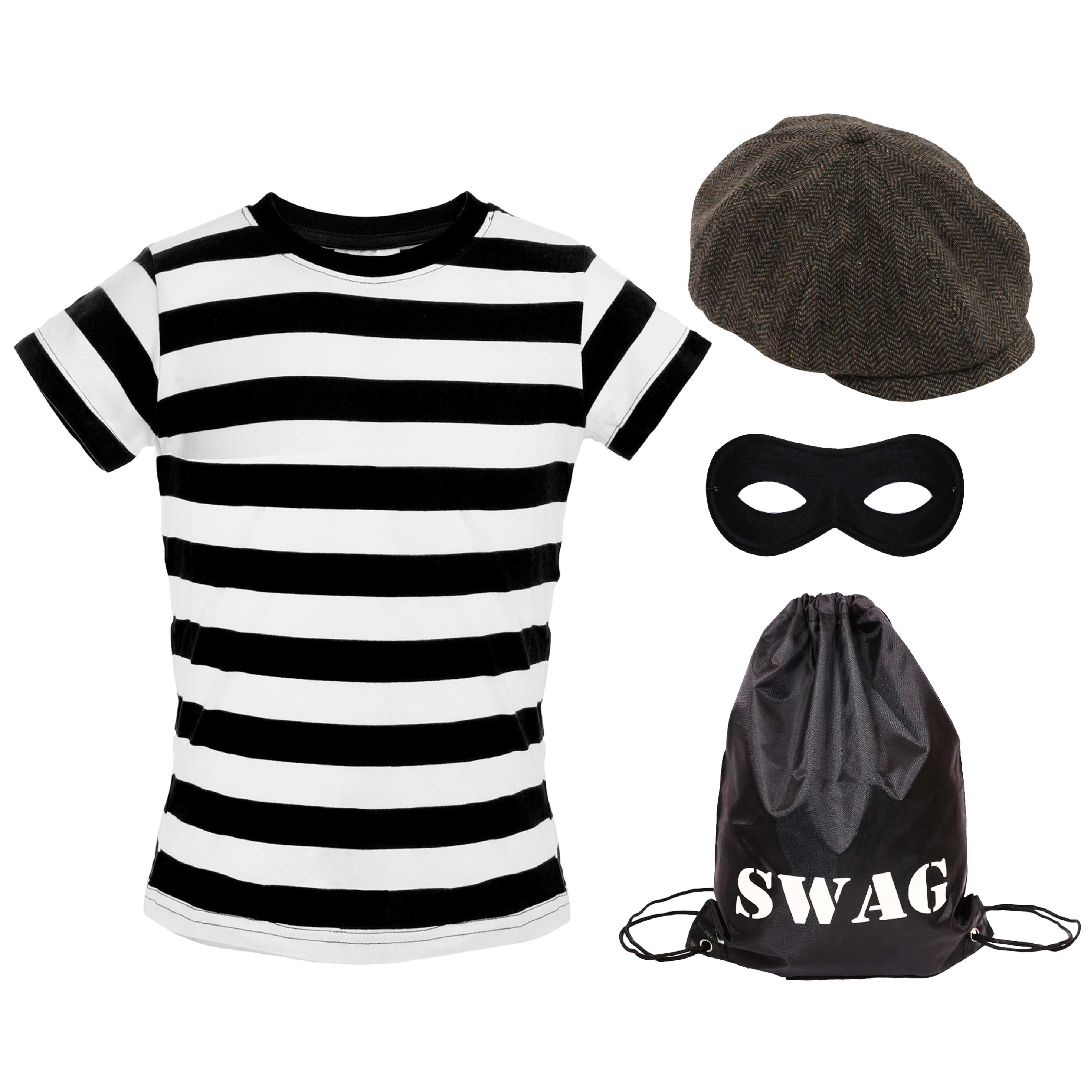 Child's Storybook Burglar Costume - Short Sleeve Top, Brown Hat, Mask & Swag Bag