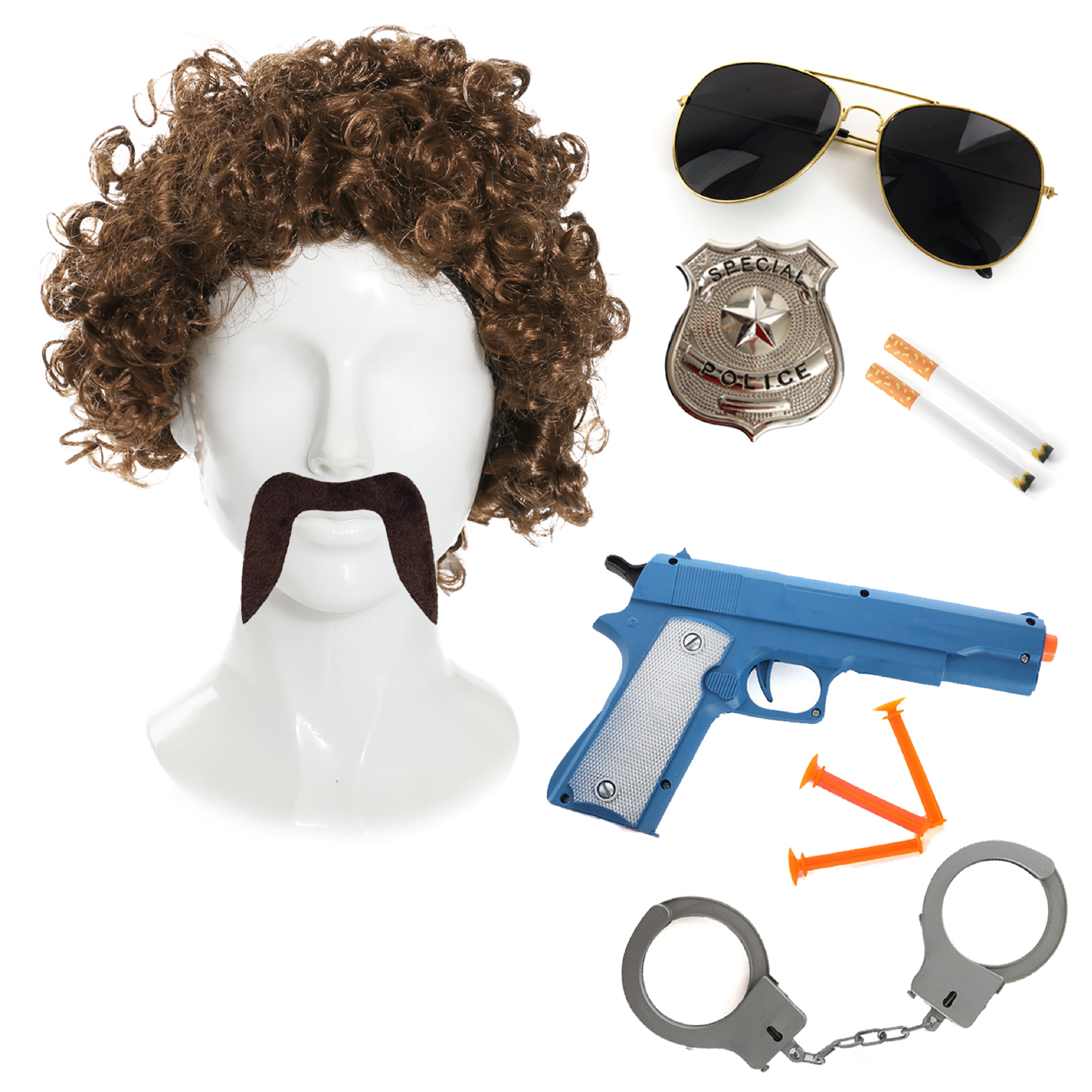 Deluxe 70's Cop Accessories Set with Brown Wig