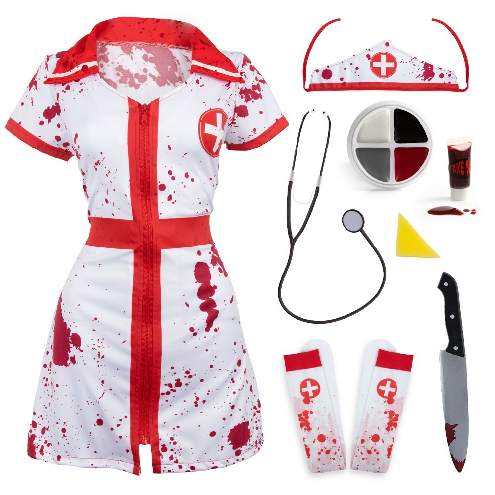 Ladies Bloody Nurse Costume | 6 Pcs | Dress, Headband, Stethoscope, Stockings, Knife & Face Paint
