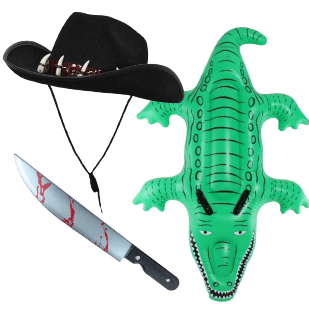 Crocodile Dundee Accessories | 3 Pcs | Hat, Knife Prop & Inflatable Crocodile
