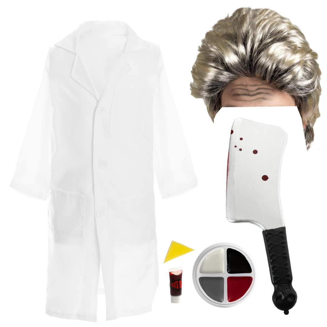 Adults Celebrity TV Chef Costume | 4 Pcs | White Coat, Wig, Cleaver Prop & Face Paint