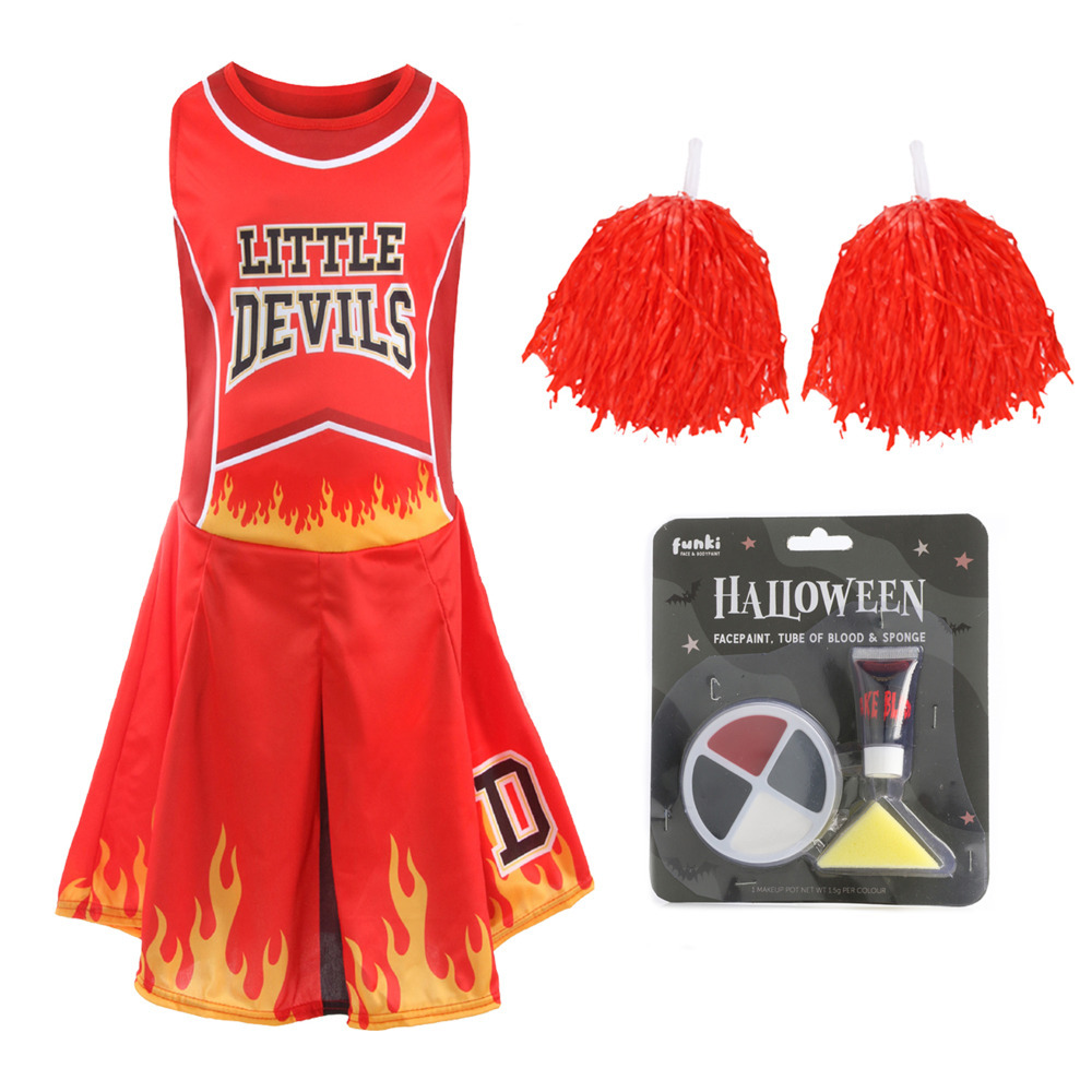 Girls Halloween Devil Cheerleader - Facepaint and Pom Poms