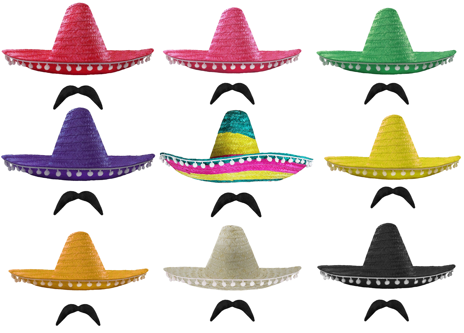 Mexican Sombrero with Pom Pom Edging and Tash