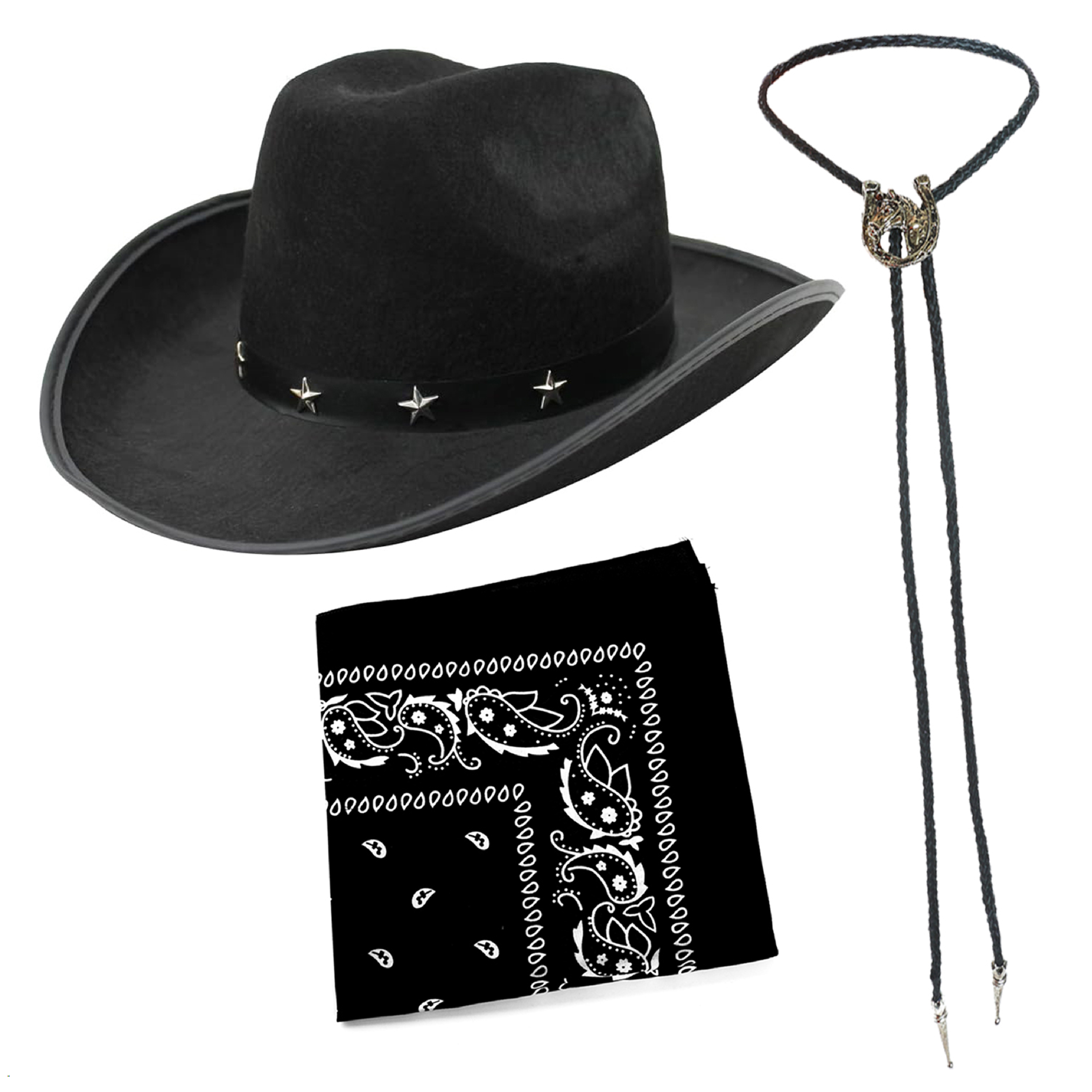 Black Star Studded Cowboy Hat with Bandana & Tie