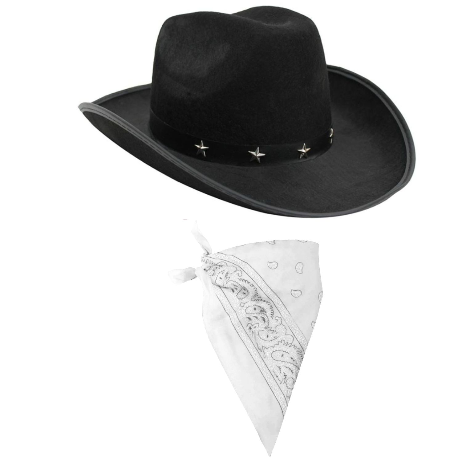 Black Star Studded Cowboy Hat & Paisley White Bandana