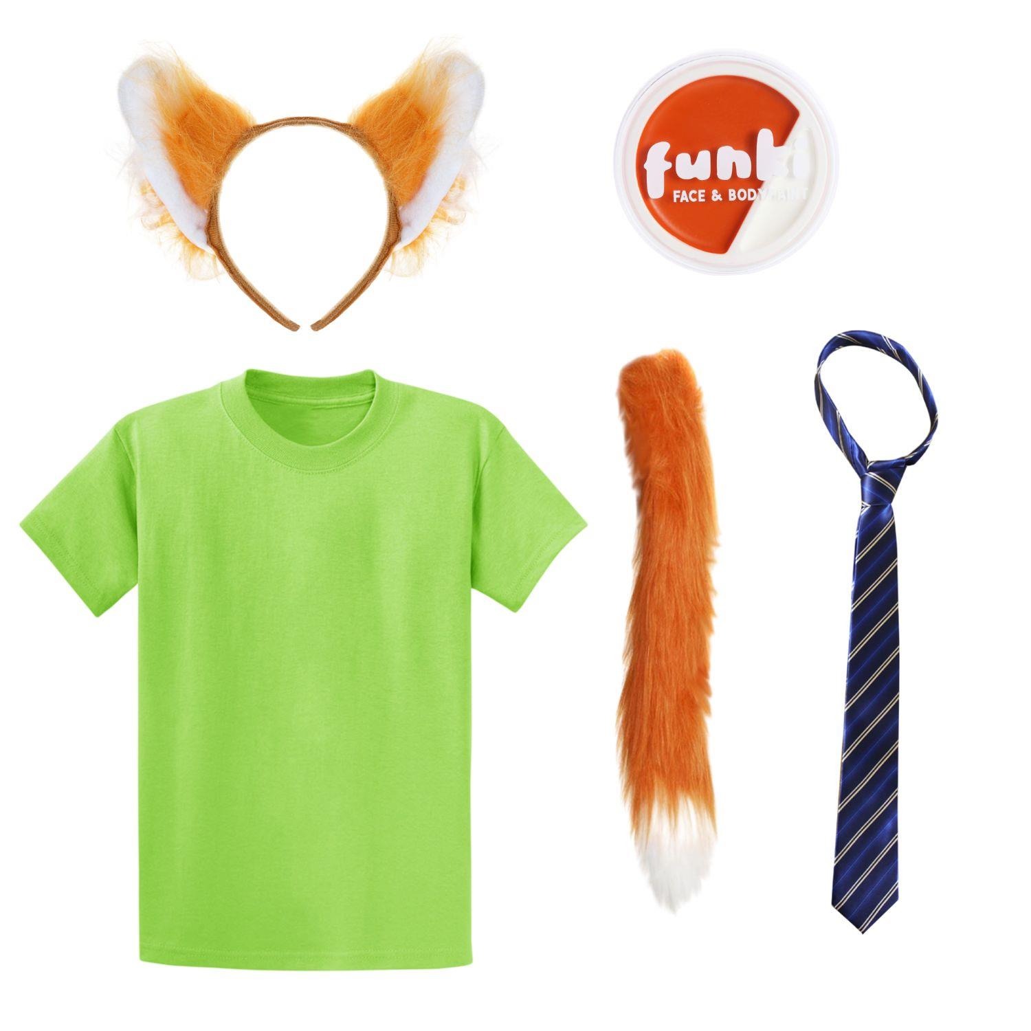 Adults Nick Fox Costume | 5 Pcs | T-shirt, Ears, Tie, Thin Tail & Face Paint