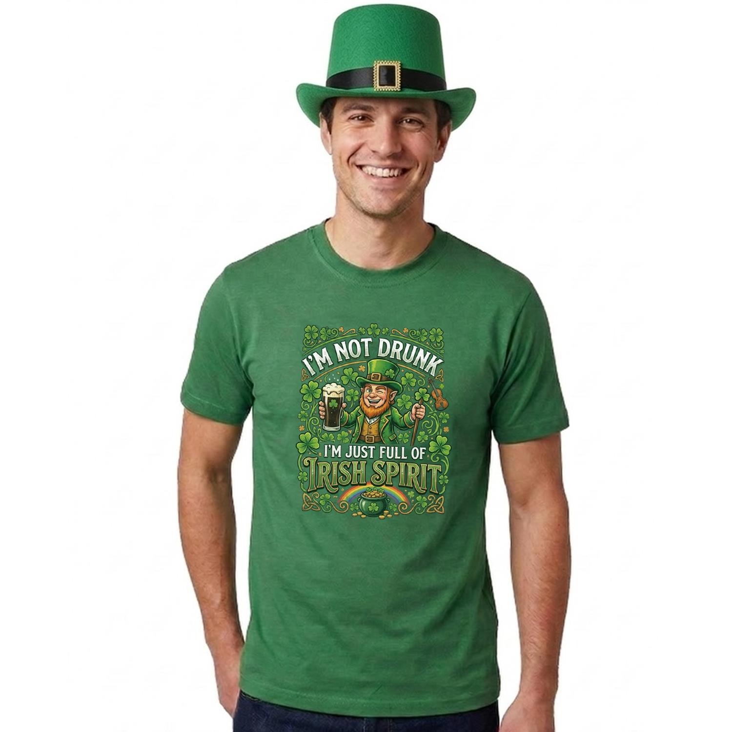 Adults Funny St Patricks Day Costume | Top Hat & T-Shirt “I'm not Drunk I'm Just Full of Irish Spirit" | Green Tee with Green Print