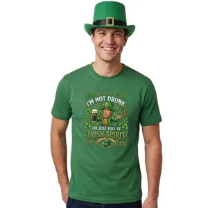 Adults Funny St Patricks Day Costume | Top Hat & T-Shirt “I'm not Drunk I'm Just Full of Irish Spirit" | Green Tee with Green Print