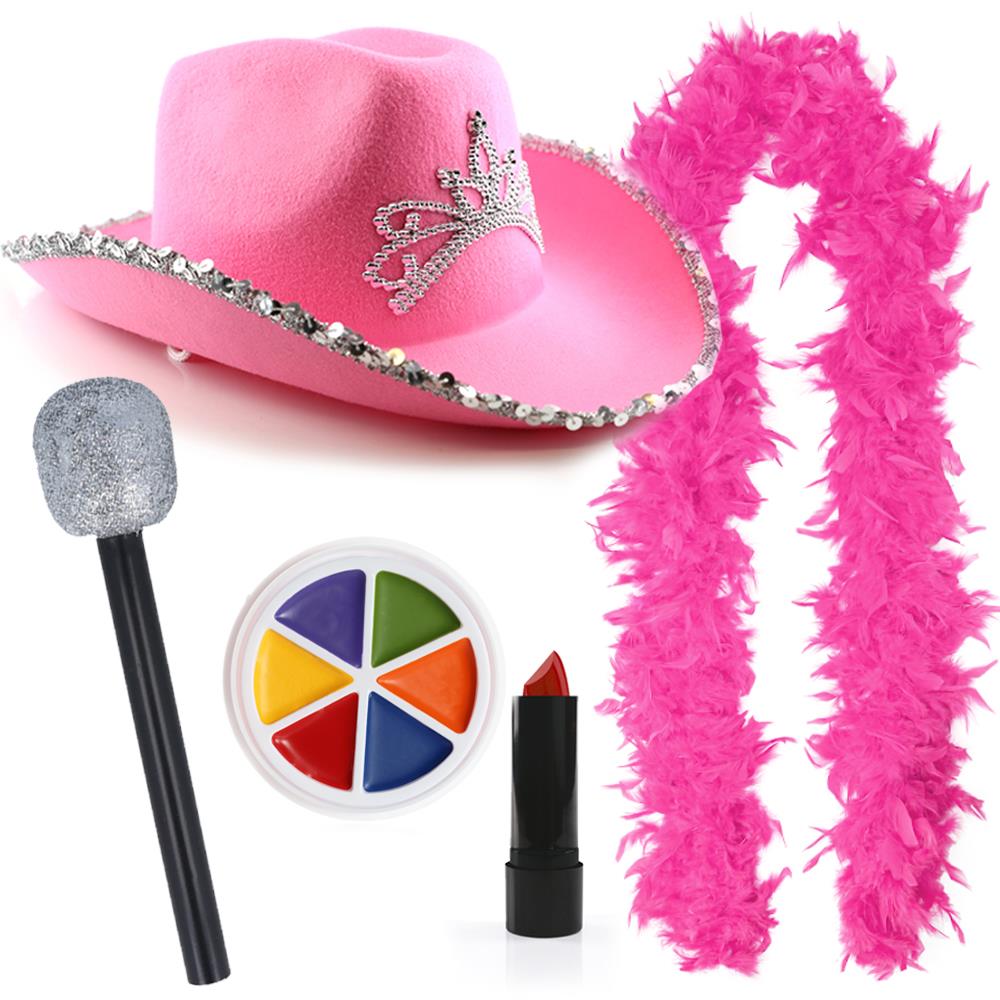 Pink Cowgirl Party Club Set | 5 Pcs | Cowboy Hat, Feather Boa, Mic, Face Paint & Lipstick