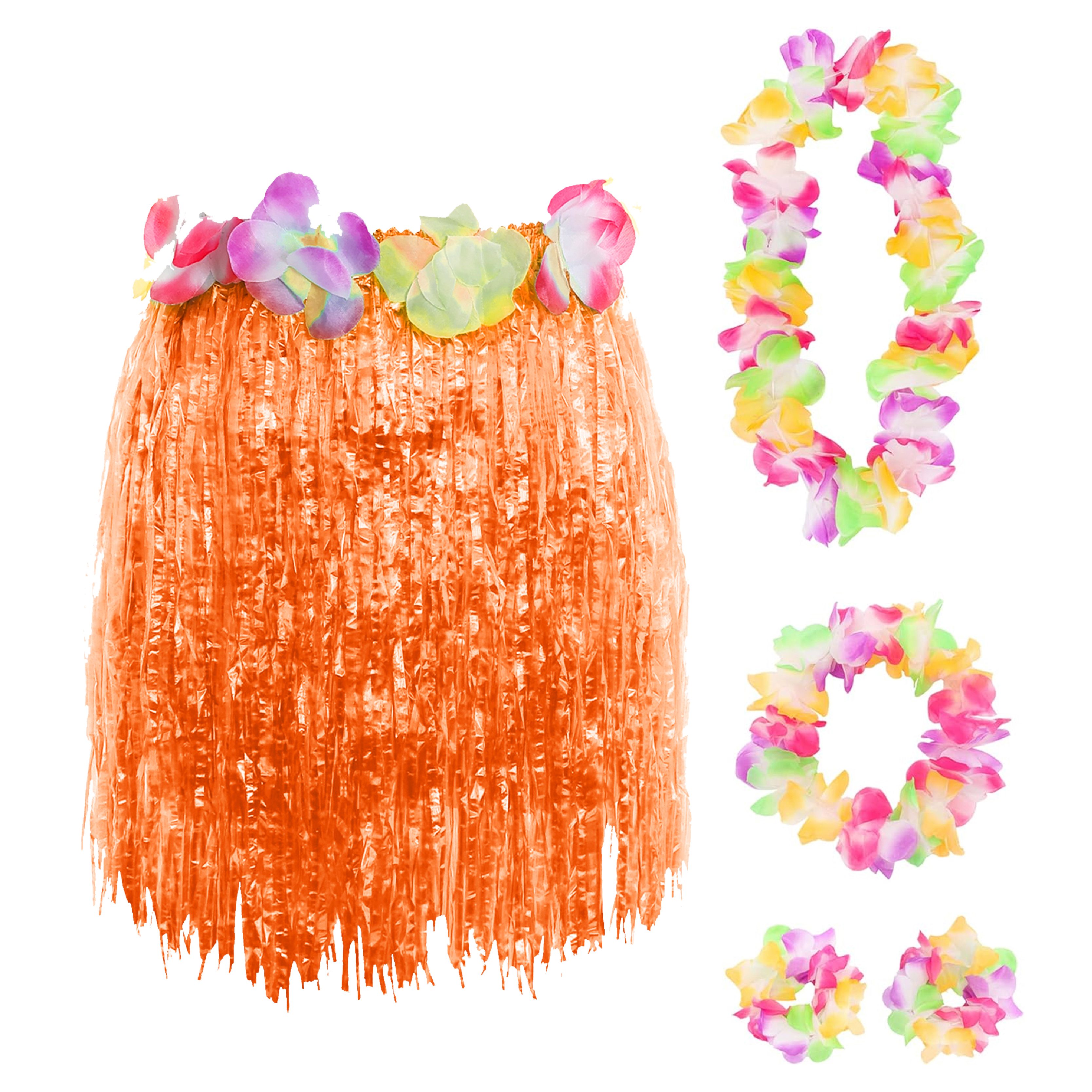 40cm Hawaiian Short Orange Hula Skirt & Lei