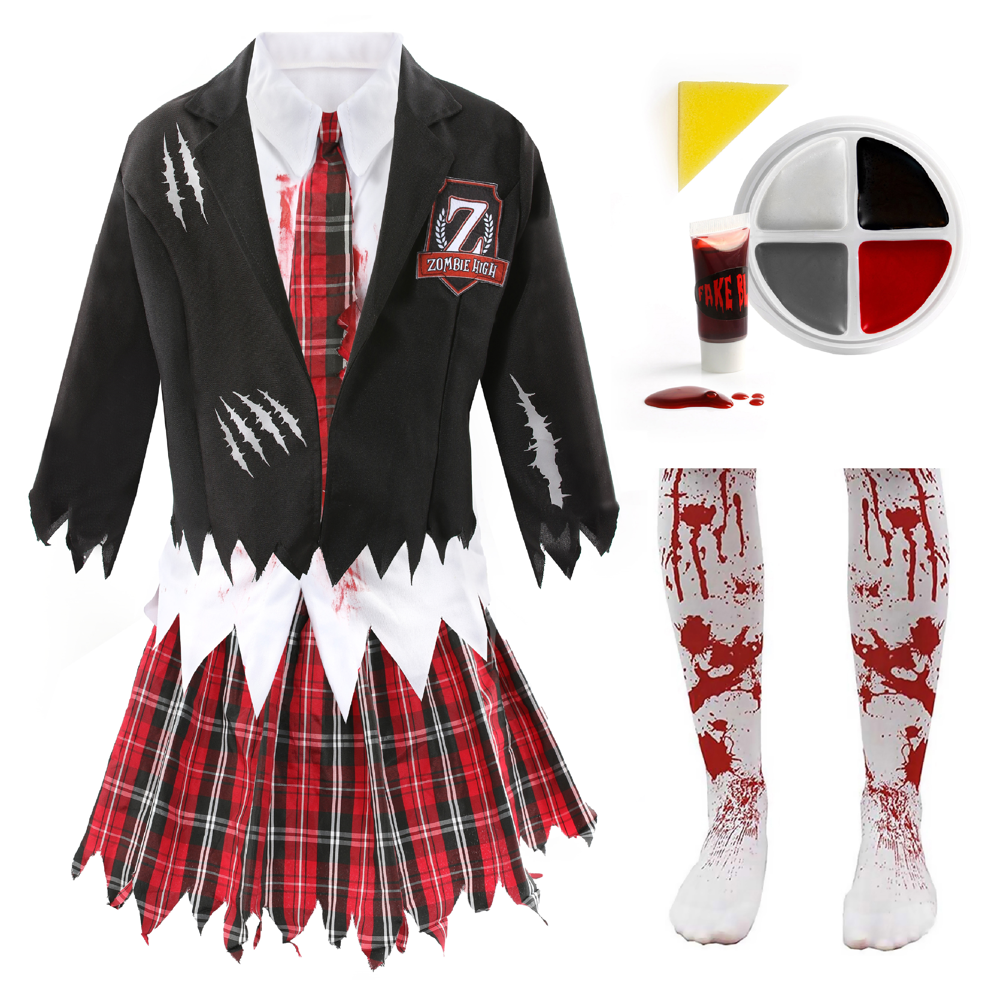 Girls Zombie Schoolgirl Halloween Costume With Bloody Tights, Facepaint & Blood