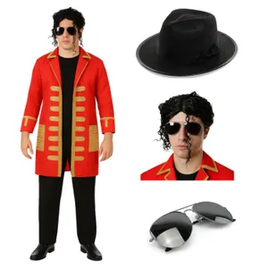 Adults King of Pop Costume | 4 Pcs | Red Jacket, Wig, Glasses & Hat