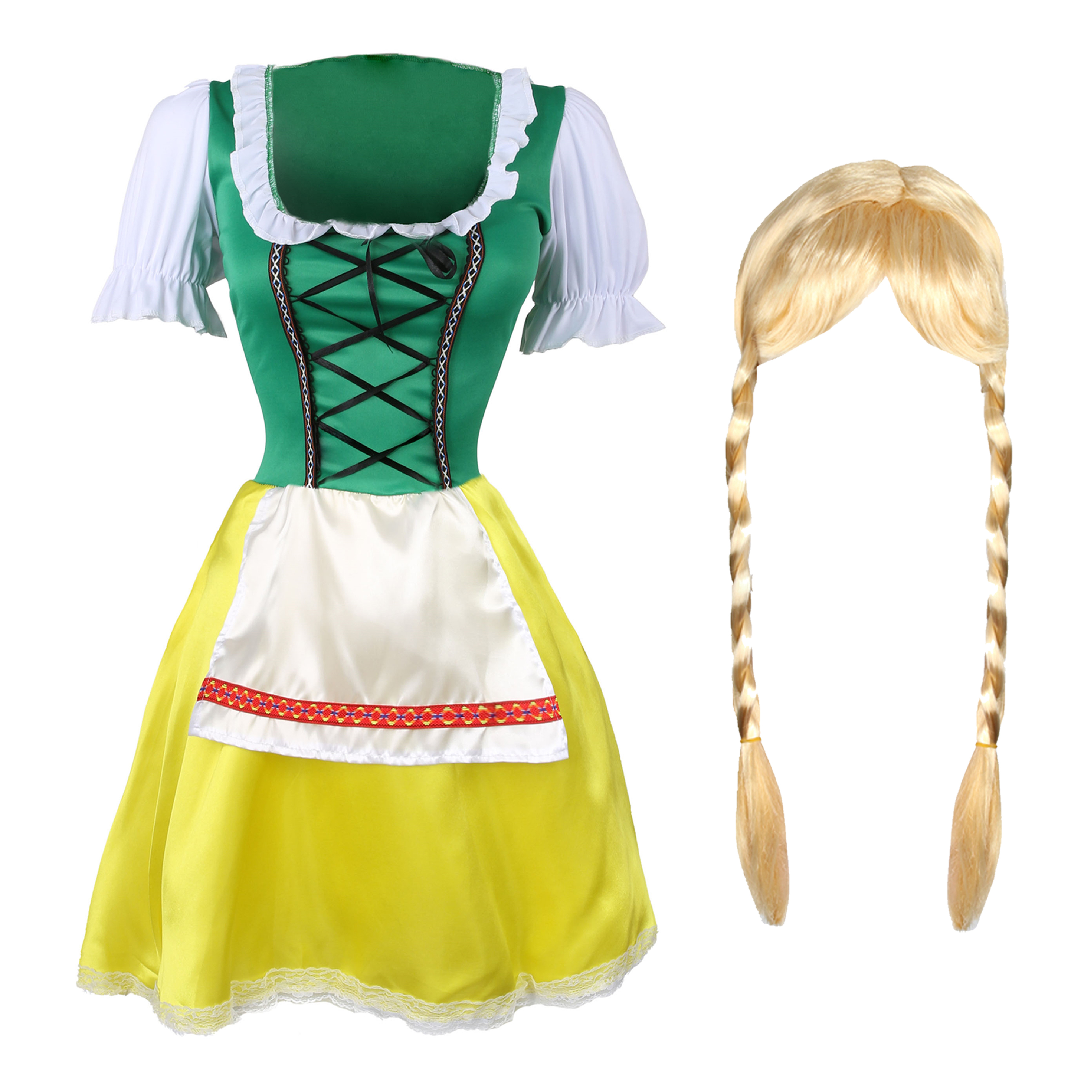 Ladies Green & Yellow Bavarian Dress with Plaits